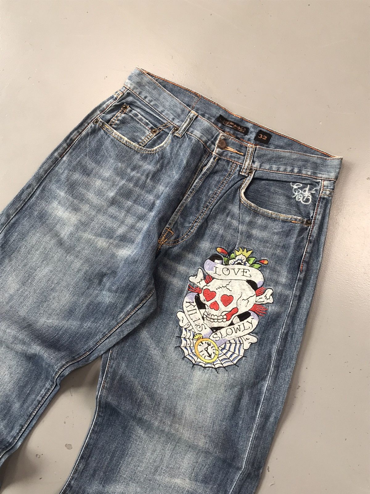 Christian Audigier × Ed Hardy × Vintage Vintage Edhardy skull embroidered denim Size US 33 - 5 Thumbnail