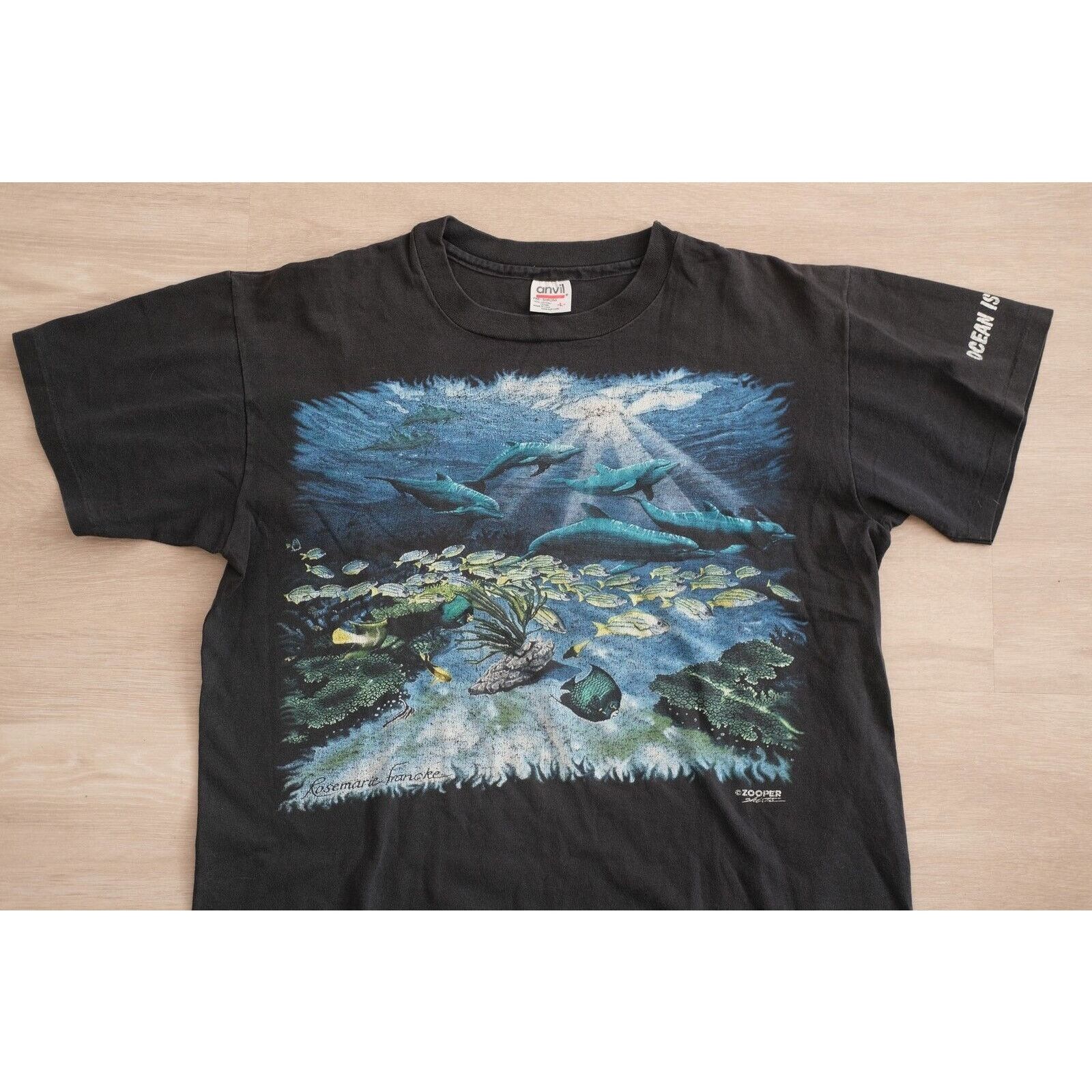 Anvil Vintage 90s Anvil Dolphins Fish Coral Seaweed Shirt XL Black Size US L / EU 52-54 / 3 - 7 Thumbnail