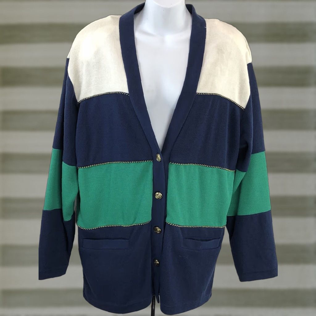 Vintage Koret Knit Cardigan Sweater Jacket L Navy Trafalgar Square Pockets Preppy Size L / US 10 / IT 46 - 1 Thumbnail