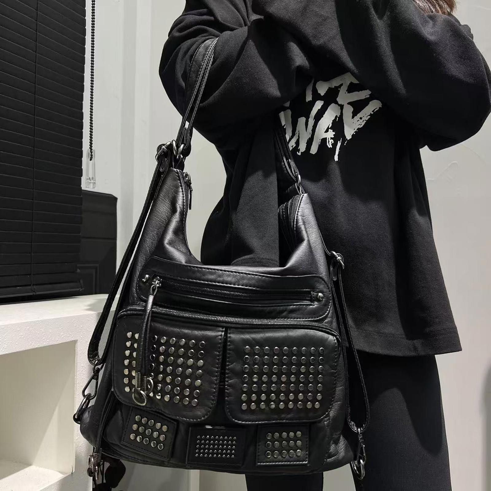 Vintage Black Studded Leather Shoulder Bag Convertible Backpack Size ONE SIZE - 1 Thumbnail