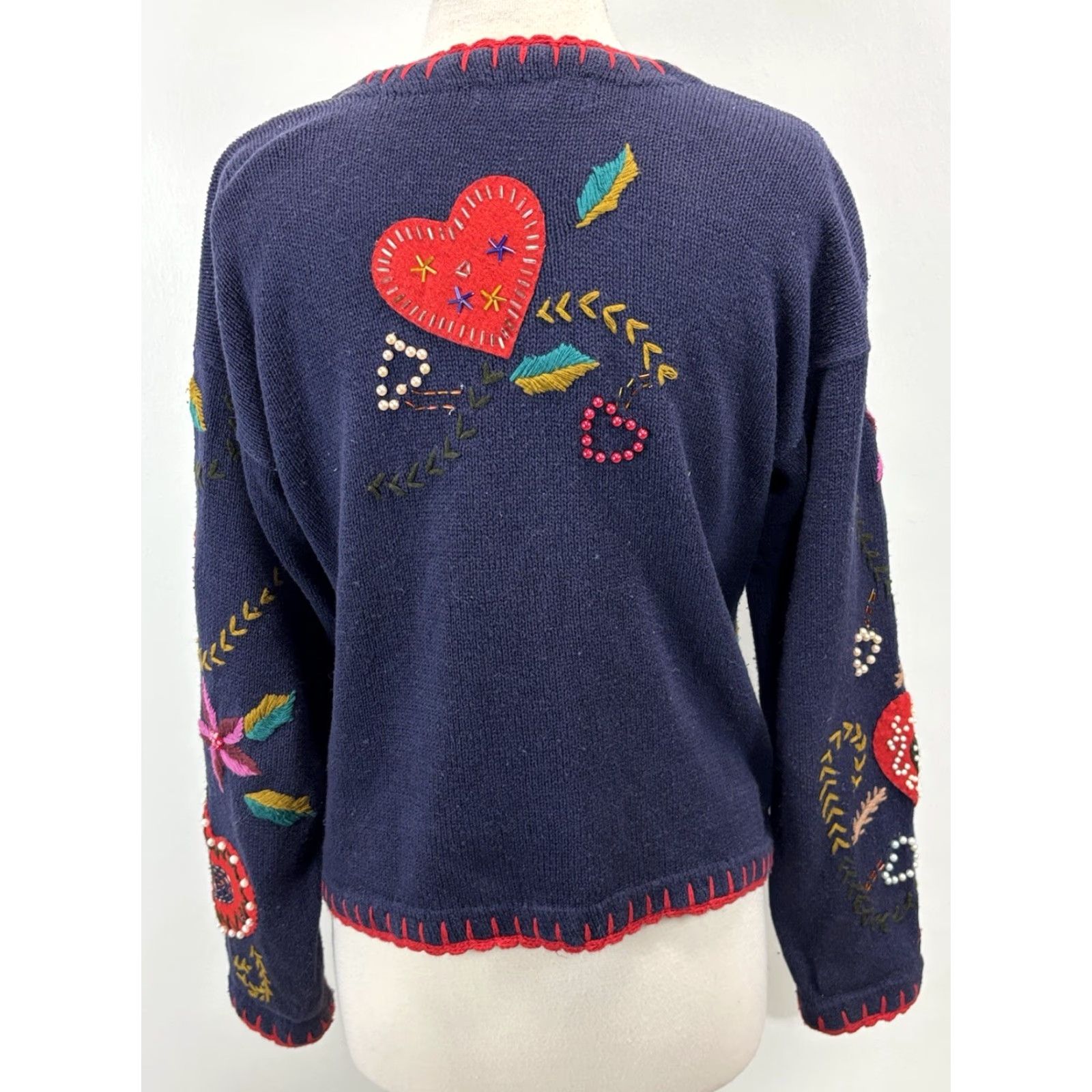 Vintage VINTAGE Segue Cardigan Shirt Women L Blue Hearts Beaded Embroidered Knit Cotton Ramie 90s Valentines Day Size L / US 10 / IT 46 - 3 Thumbnail