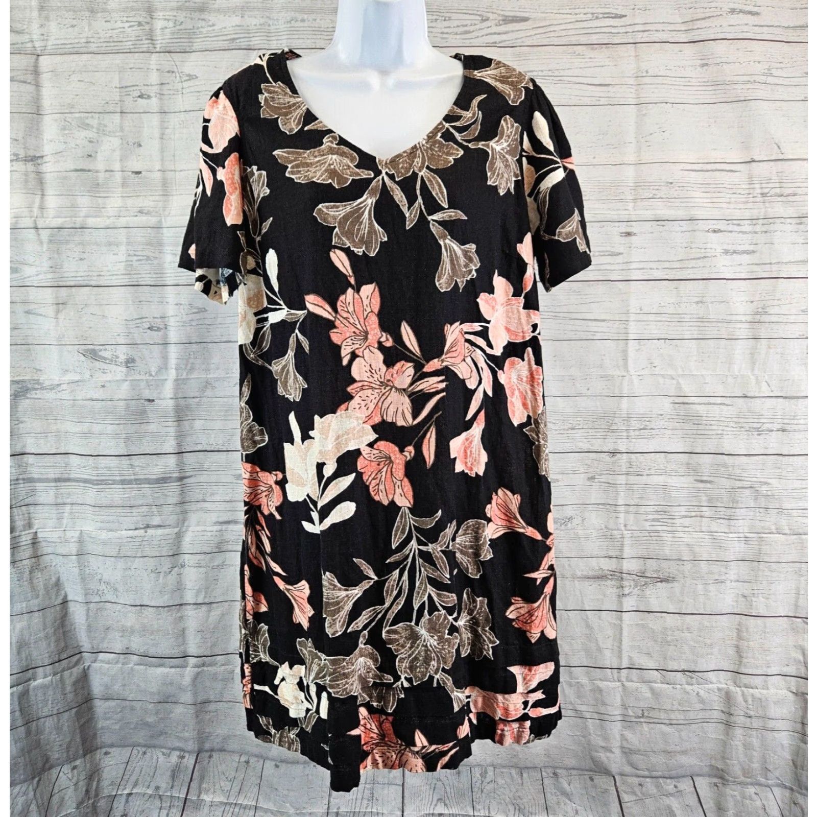 Nicole Miller Nicole Miller Womens Dress L Black Floral Short Sleeve Linen Viscose Short Sleeve Shift 35" Length 21" Width Women Size 36" / US 14 / IT 50 - 2 Thumbnail