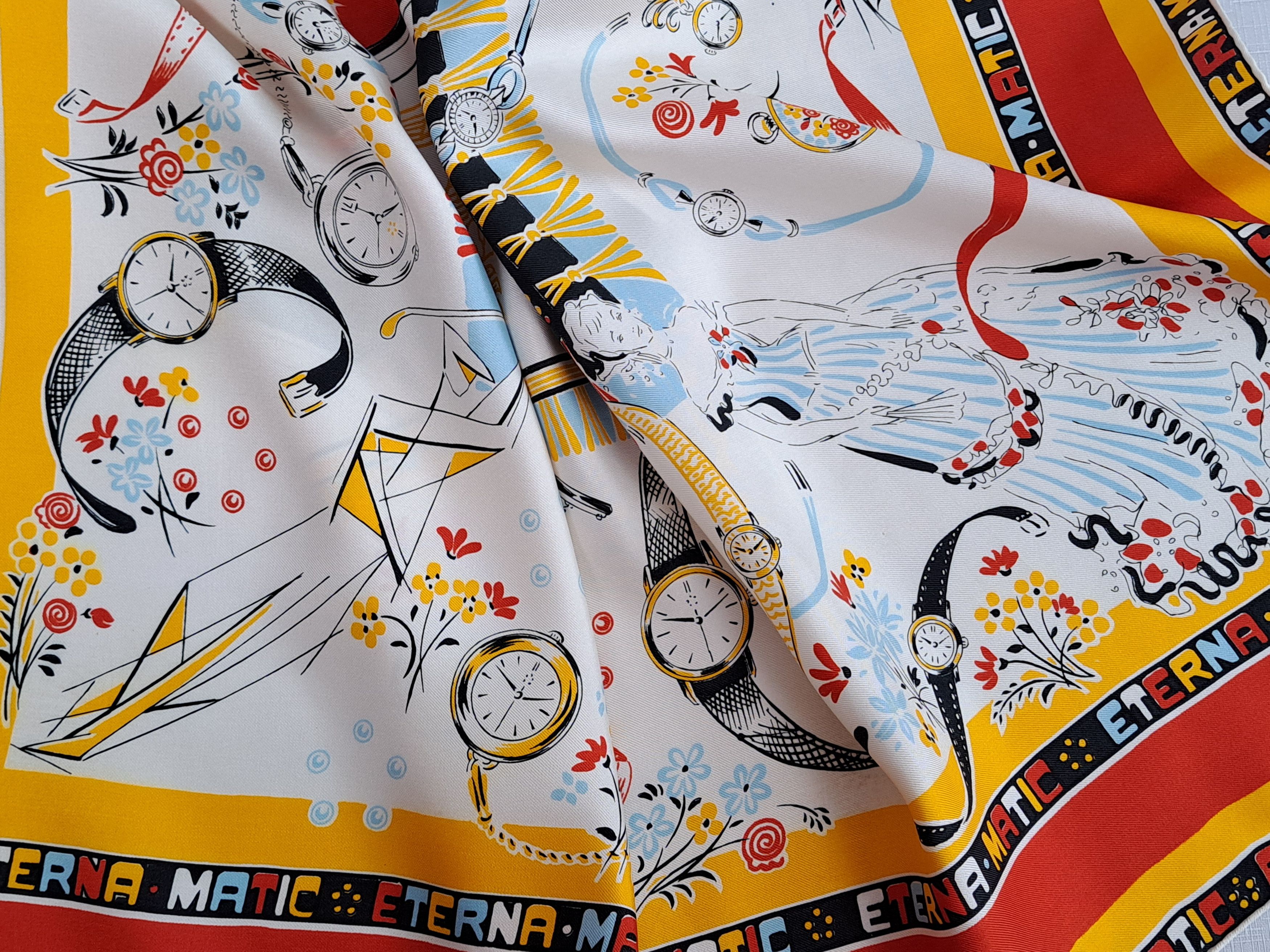 Designer × Vintage ETERNA MATIC vintage clock pattern silk scarf. Size ONE SIZE - 4 Thumbnail