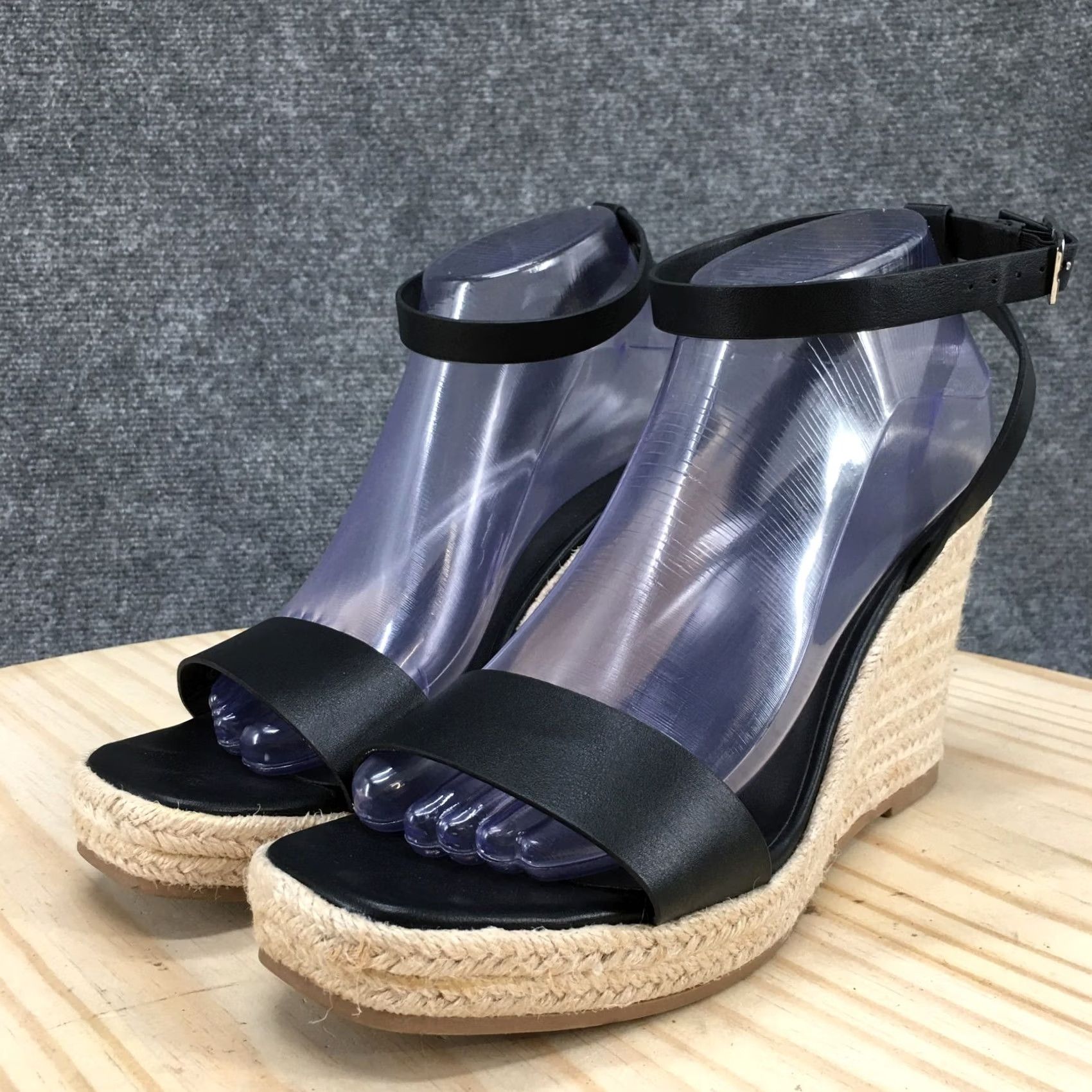 Vintage A New Day Sandals Espadrille Wedge Heels Ankle Strap Faux Leather Black 9 Womens Size US 9 / IT 39 - 6 Thumbnail