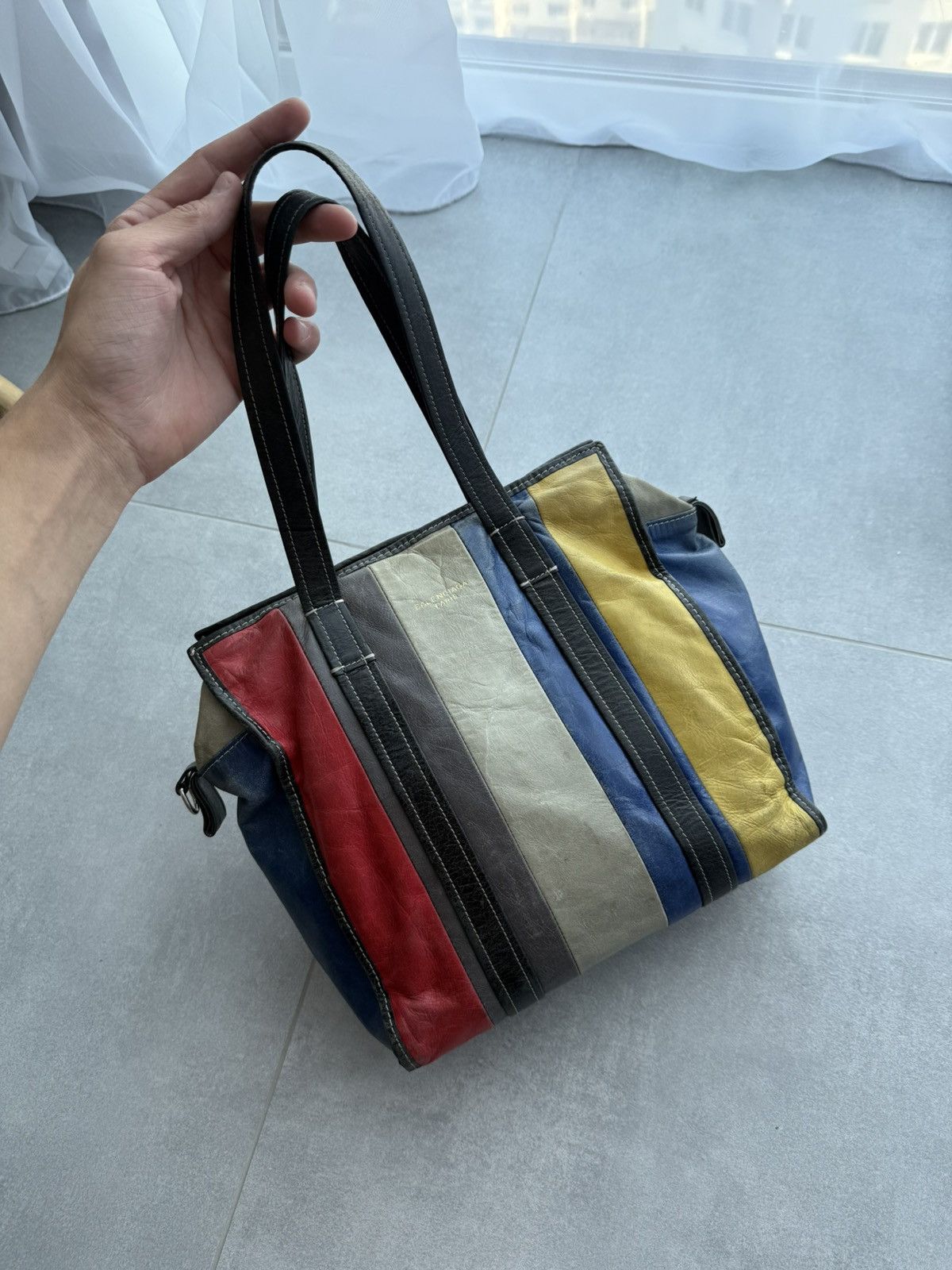 Pre-owned Balenciaga Blue 2017 Bazar Xs Leather Tote Bag Yellow Red In Multi