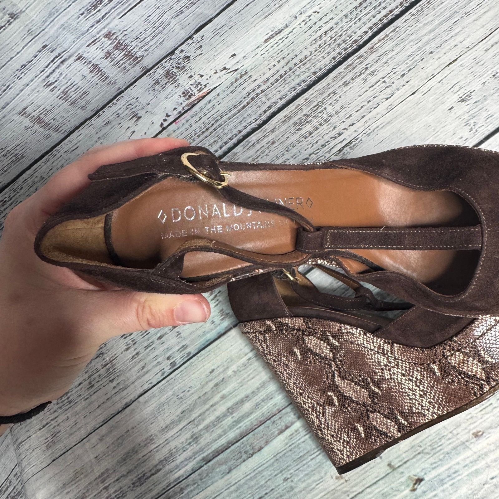 Donald Pliner Donald J Pliner Wedge Heels Size 6 Brown Suede Snakeskin Size US 6 / IT 36 - 4 Thumbnail
