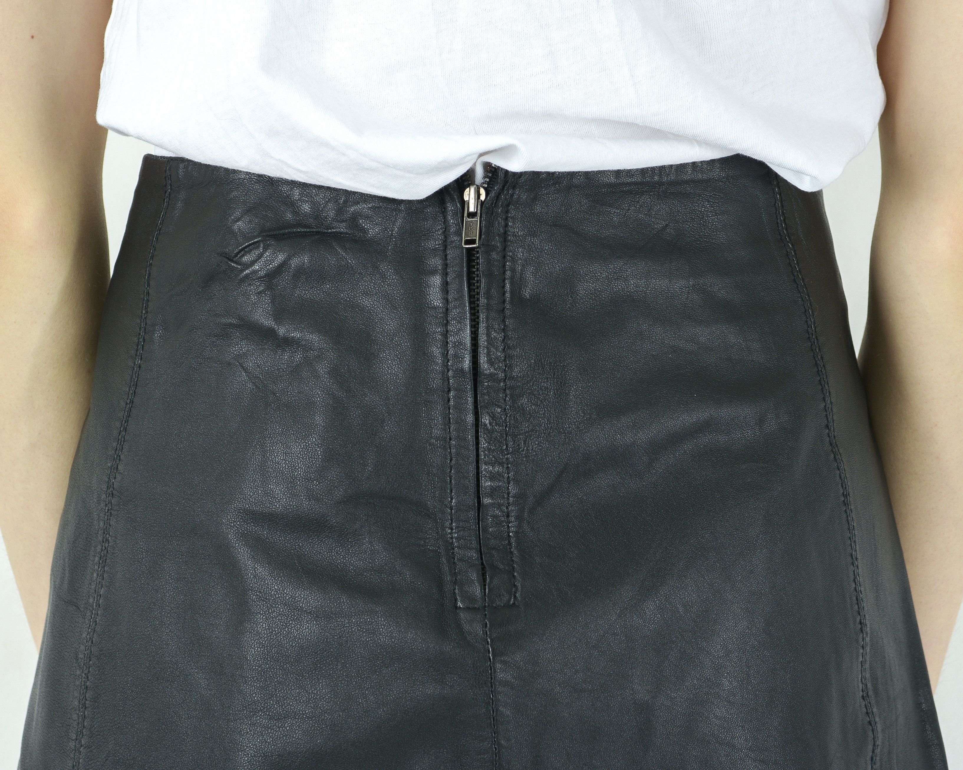 Genuine Leather × Vintage COSTES Genuine Leather Mini Skirt High Waist Black Rocker Size 31" - 7 Thumbnail