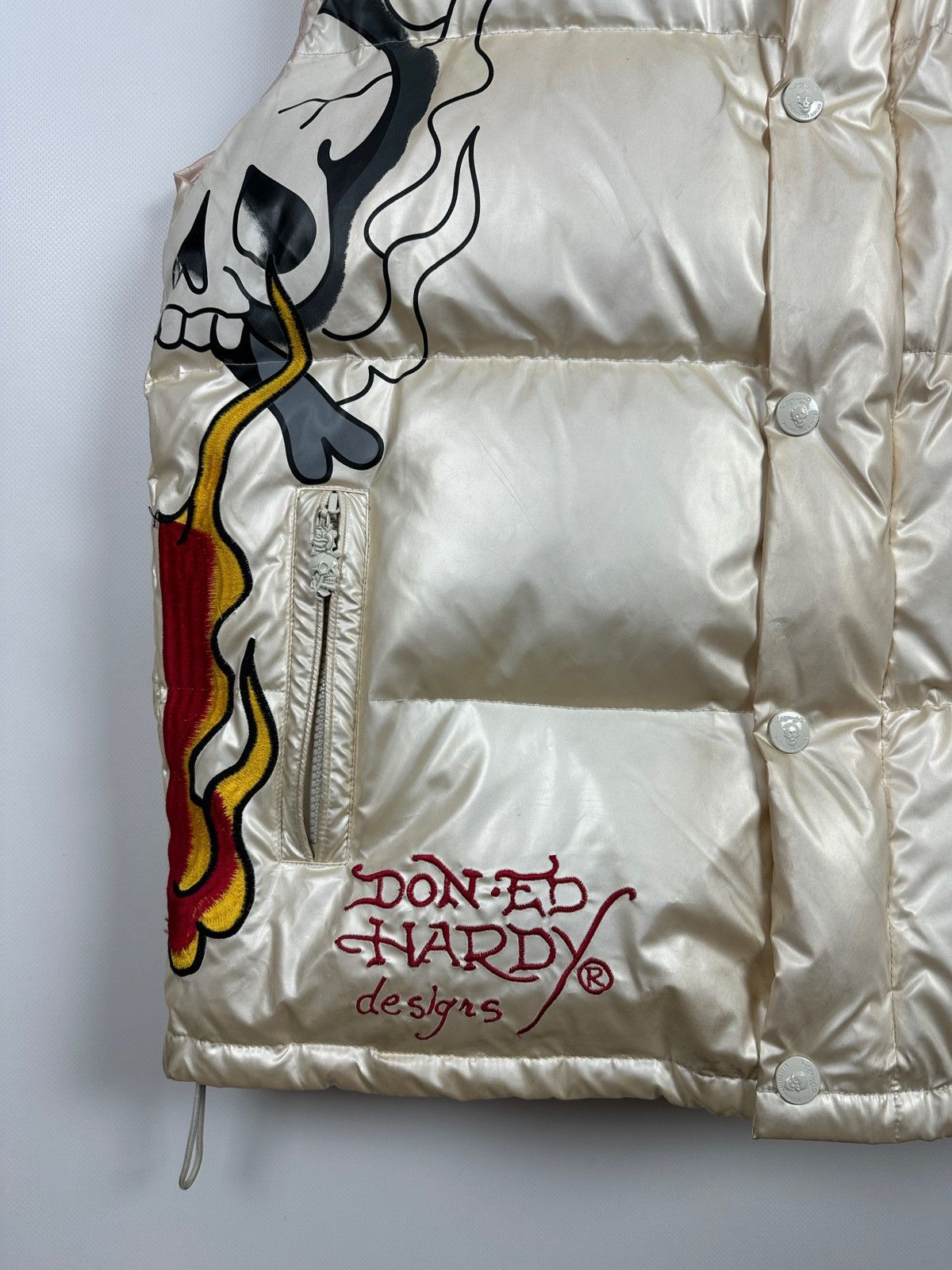 Christian Audigier Vintage Ed Hardy Flaming Skull Down Puffer Vest Size US L / EU 52-54 / 3 - 12 Thumbnail