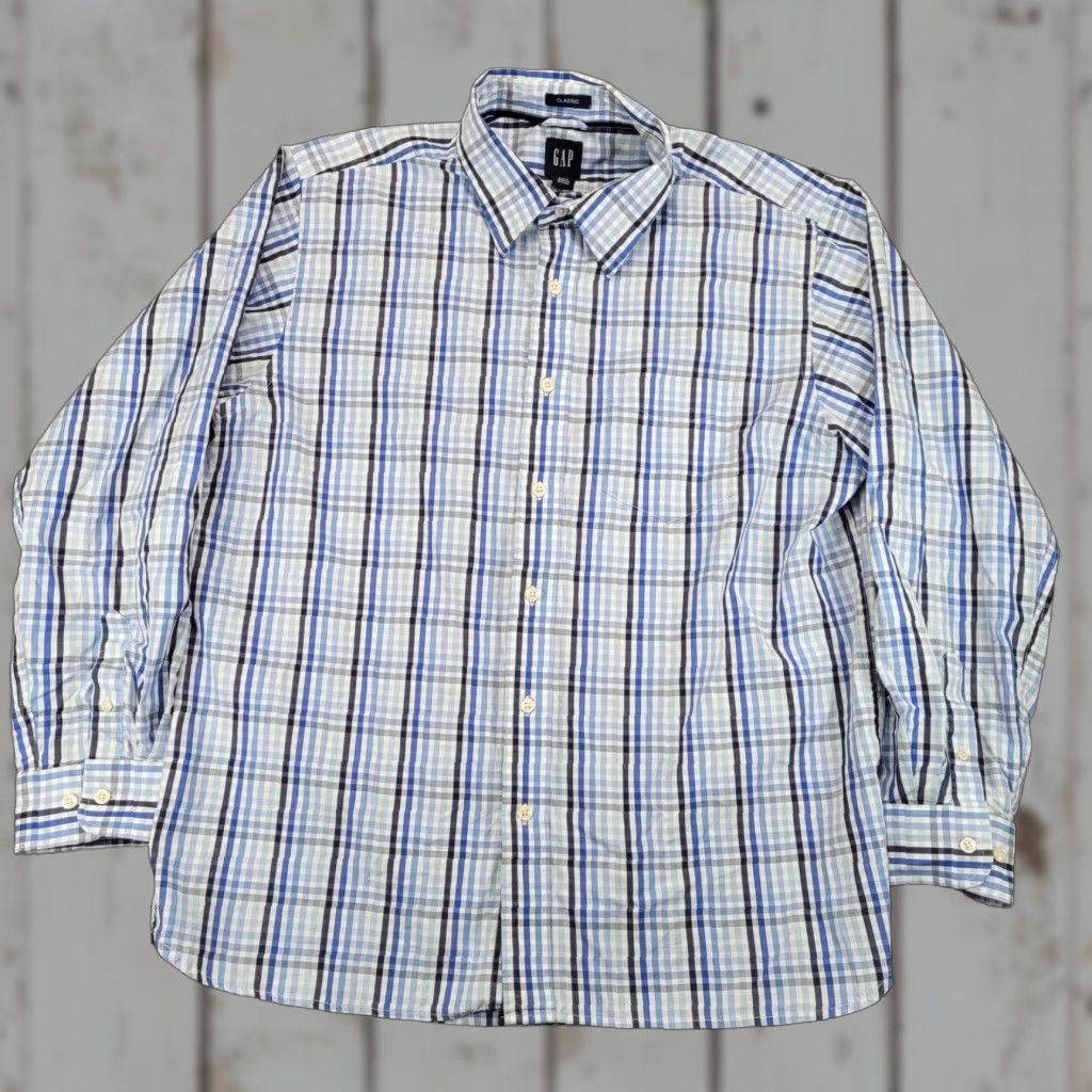 Gap Dress Shirt Mens L Blue Plaid Classic Fit Long Sleeve Button Up