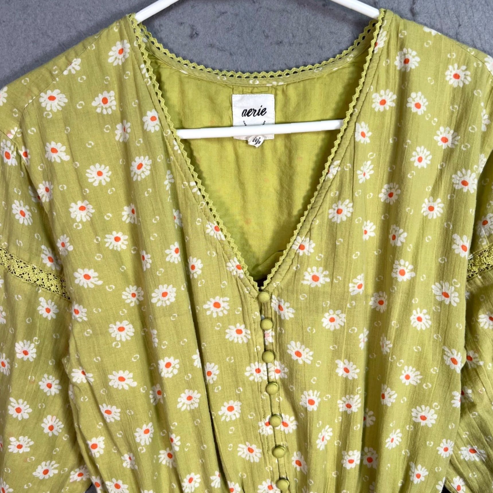AERIE Womens XS Green Floral Mini Dress with Button-Front & Lace Detail  100% Cotton 3/
