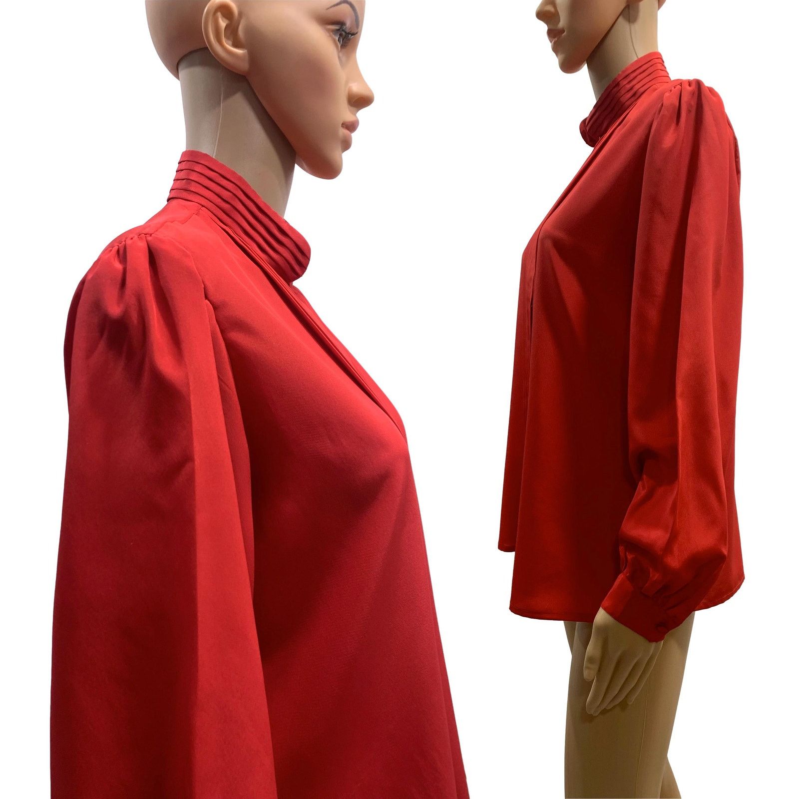 Vintage 70s Red High Collar Secretary Blouse with Pleats | M/L Size M / US 6-8 / IT 42-44 - 6 Thumbnail