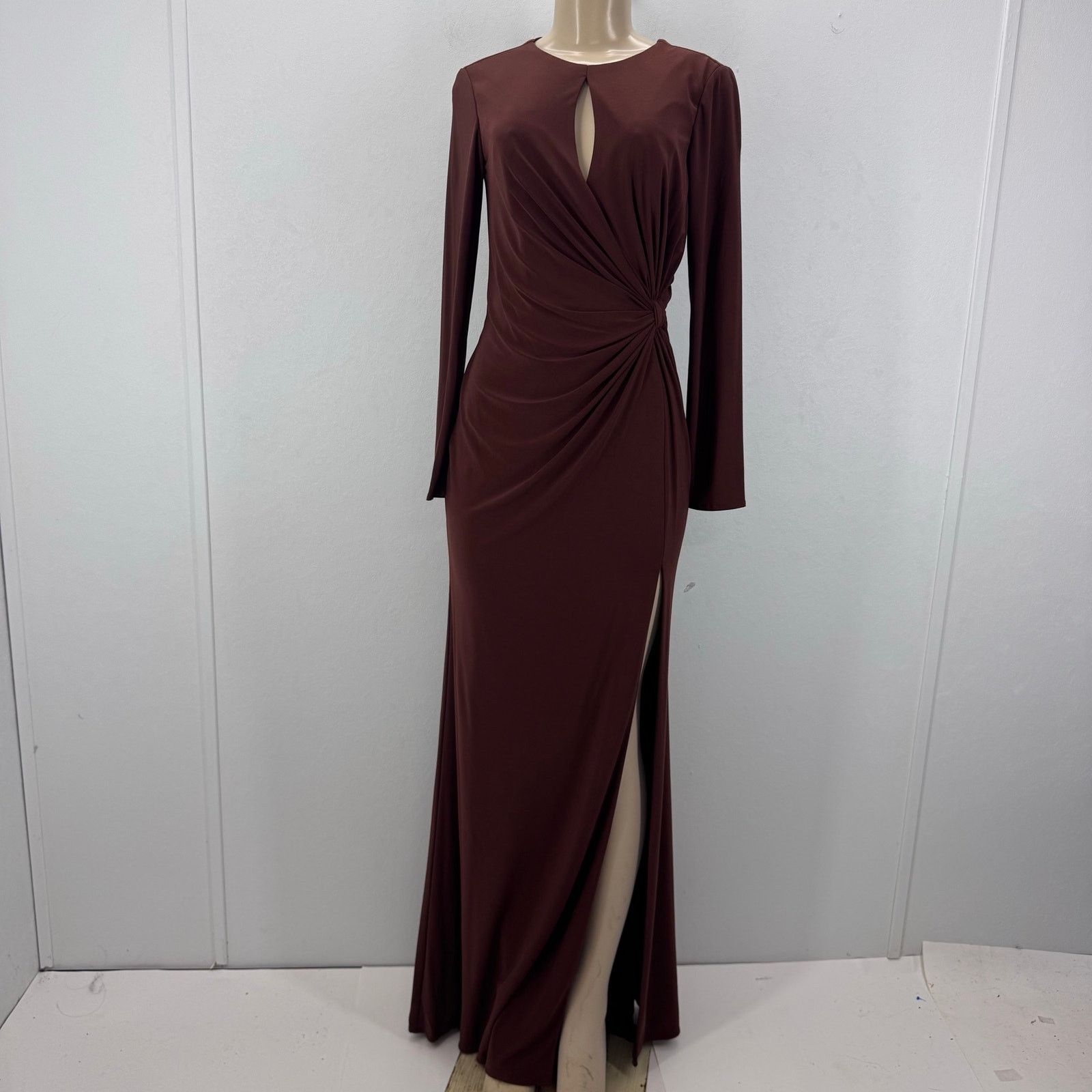 Mac Duggal Mac Duggal Chocolate Long Sleeve Keyhole Draped Jersey Dress Size XS / US 0-2 / IT 36-38 - 2 Thumbnail