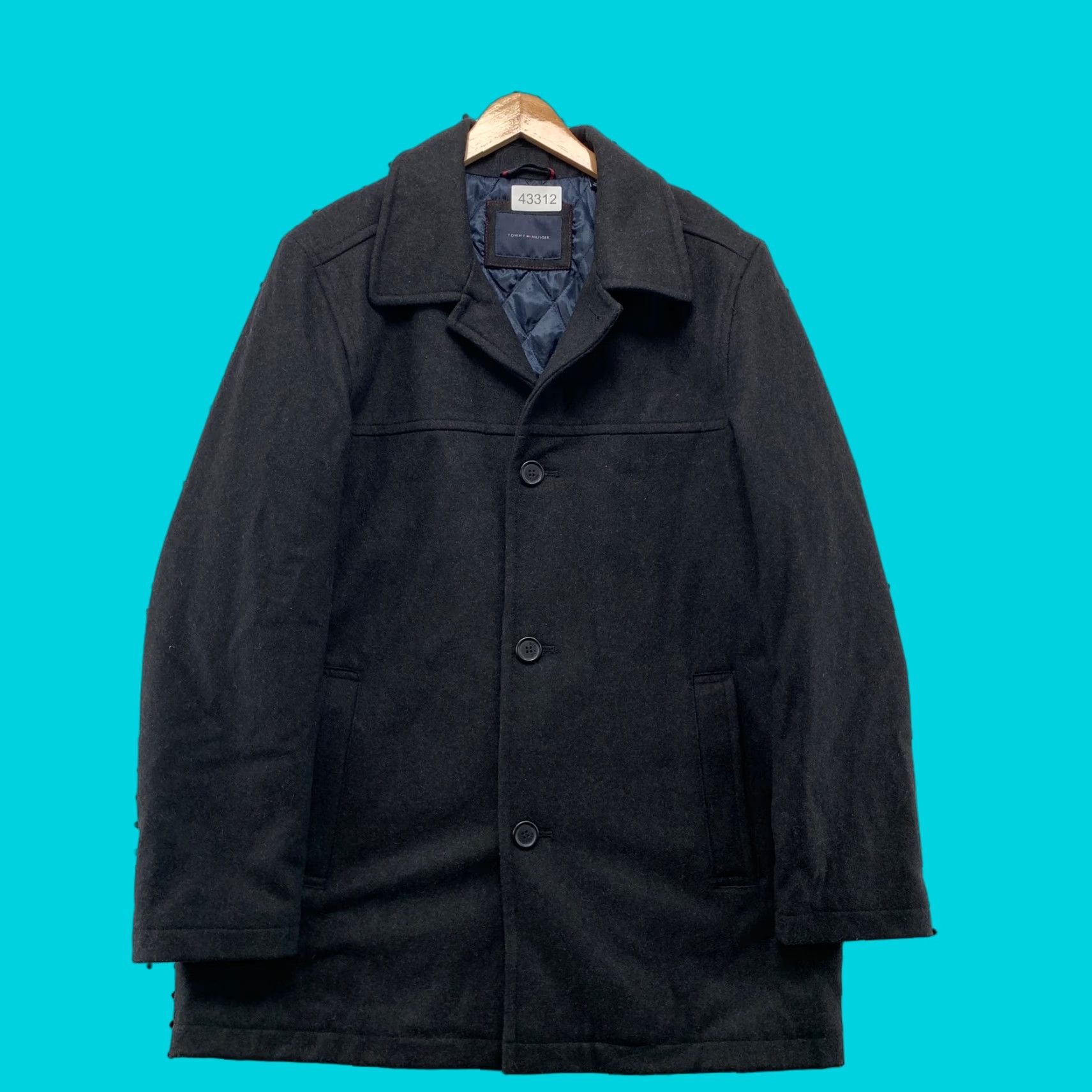 VINTAGE Tommy Hilfiger Wool Blend Pea Coat Black Mens Medium Button Business Casual