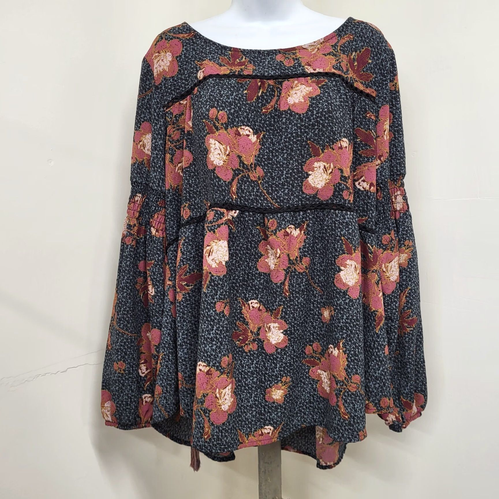 Vintage Knox Rose Shirt Women’s XXL Liberty Floral Black Pheasant Boho Tassel Witchy Top Size XXL / US 16-18 / IT 52-54 - 2 Thumbnail