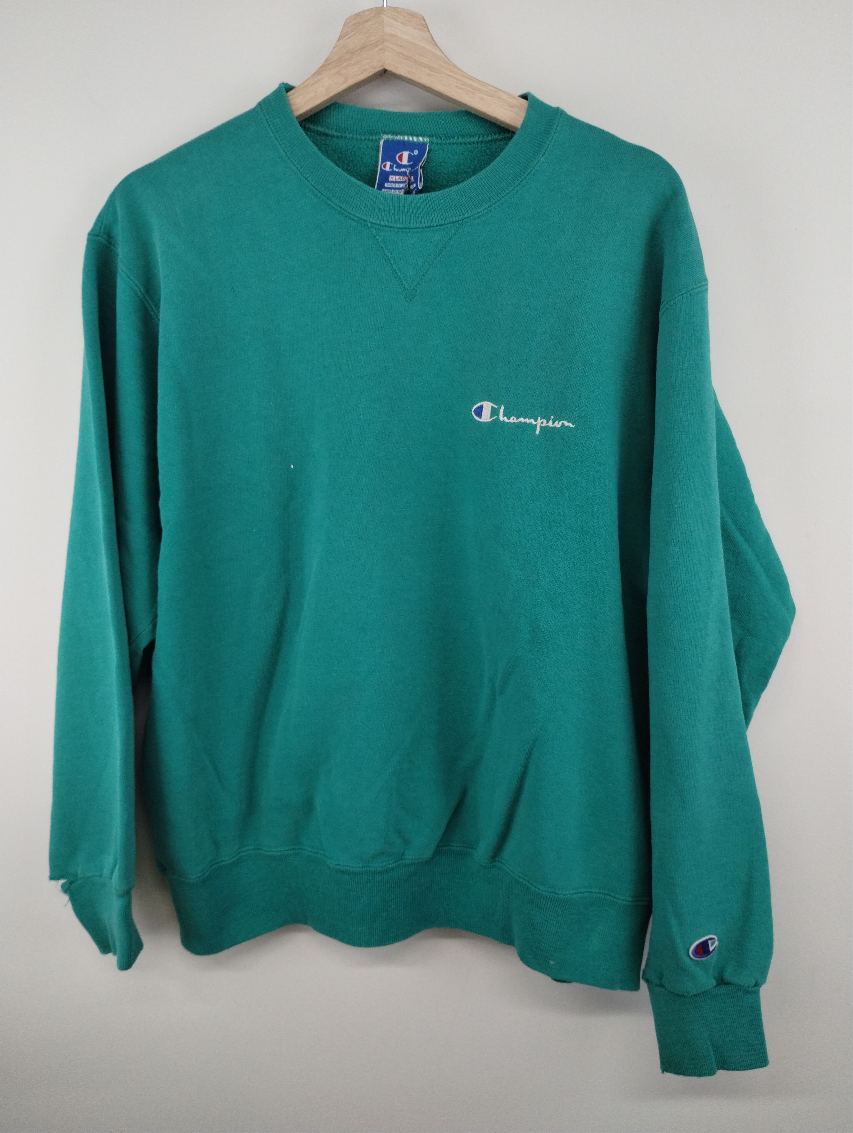 Vintage Vintage 90s Champion Teal Distressed Crewneck | Grailed