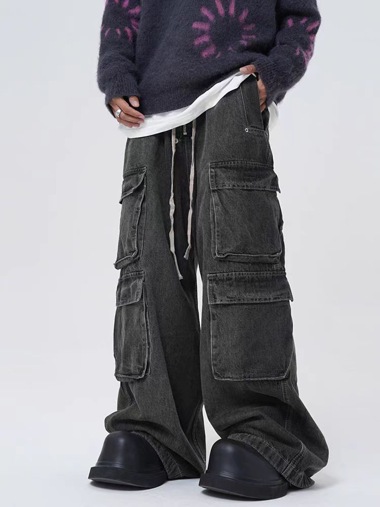 Japanese Brand Retro street multi-pocket drawstring straight-leg jeans Size US 34 / EU 50 - 2 Thumbnail