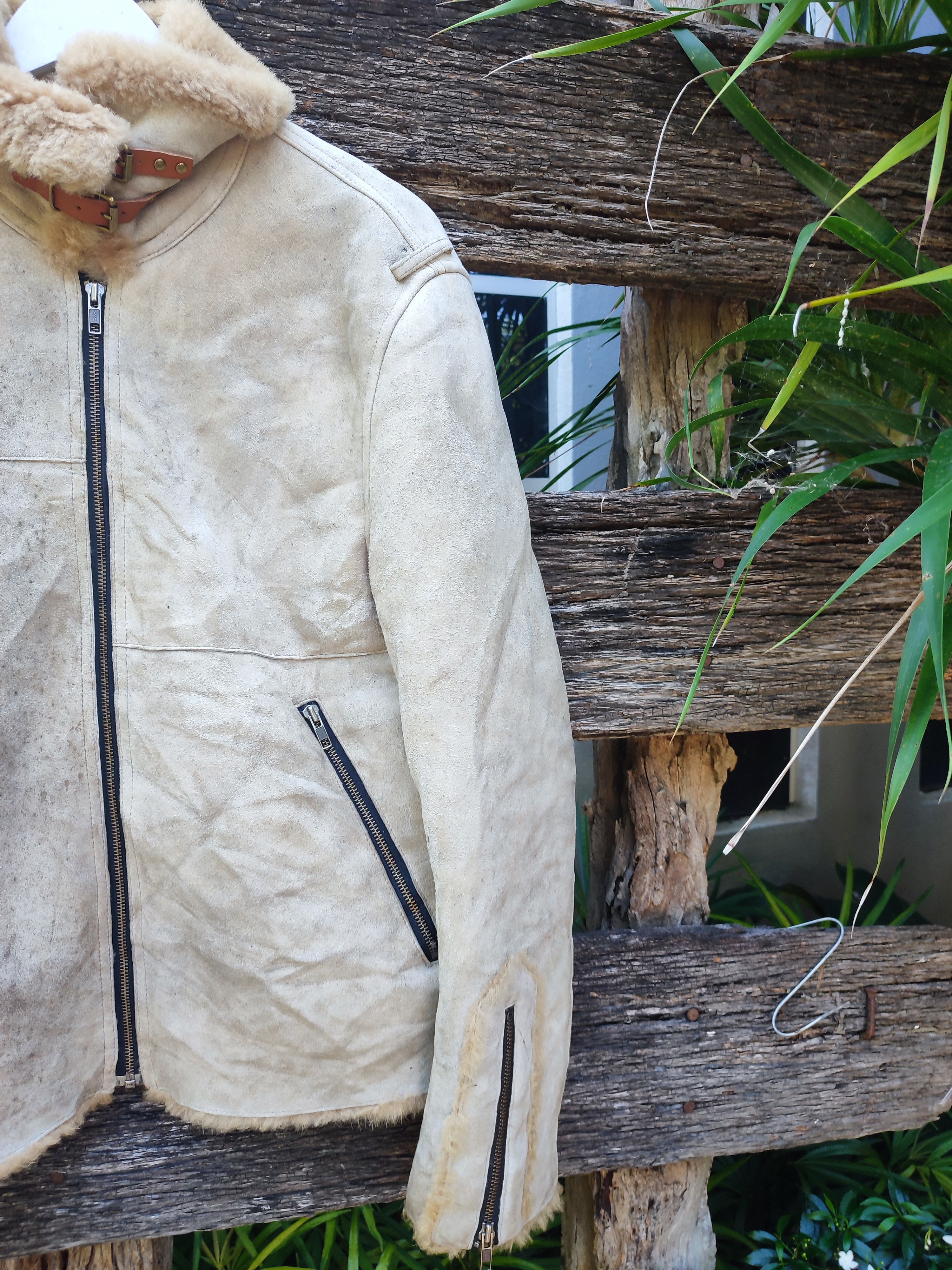 Designer Vintage Shearling Aviator Jacket – Distressed Beige Leather Size US M / EU 48-50 / 2 - 4 Thumbnail