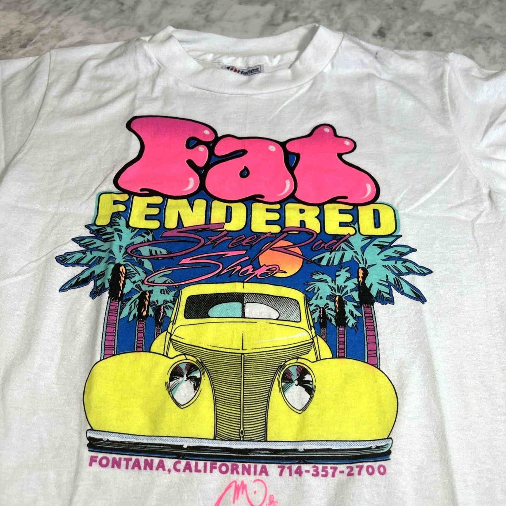 Hanes VINTAGE 1990 Fat Fendered Street Rod Shop T Shirt Small Fontana CA Single Stitch Neon Hanes Mens S White Graphic Tee Mod/GoGo Size US S / EU 44-46 / 1 - 4 Thumbnail