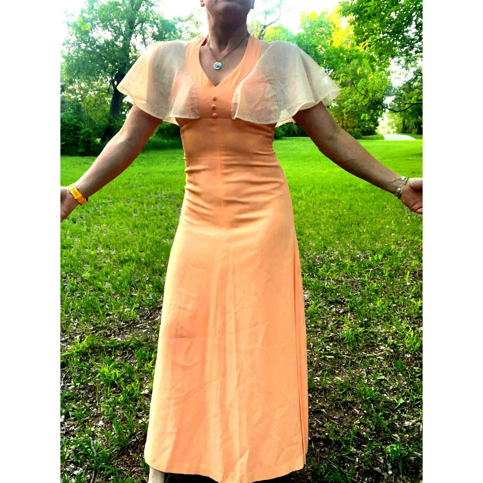 image of Vintage 70's Peach Crepe Maxi Gown Dress Sheer Cape Flutter Sleeves S in Orange, Women's (Size Smal