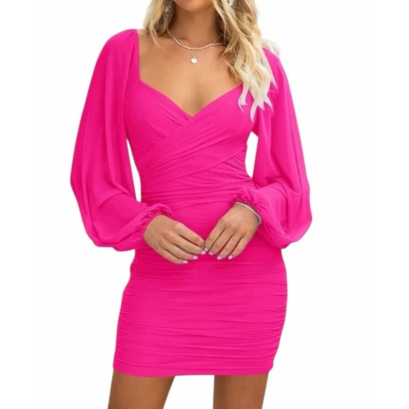 Other BTFBM Bright Pink Sexy Ruched Long Sleeve Bodycon Mini Dress Size S / US 4 / IT 40 - 1 Thumbnail