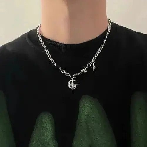 VIBE Cross Chrome Crescent Moon Chain Silver Goth Vibe Necklace Size ONE SIZE - 4 Thumbnail