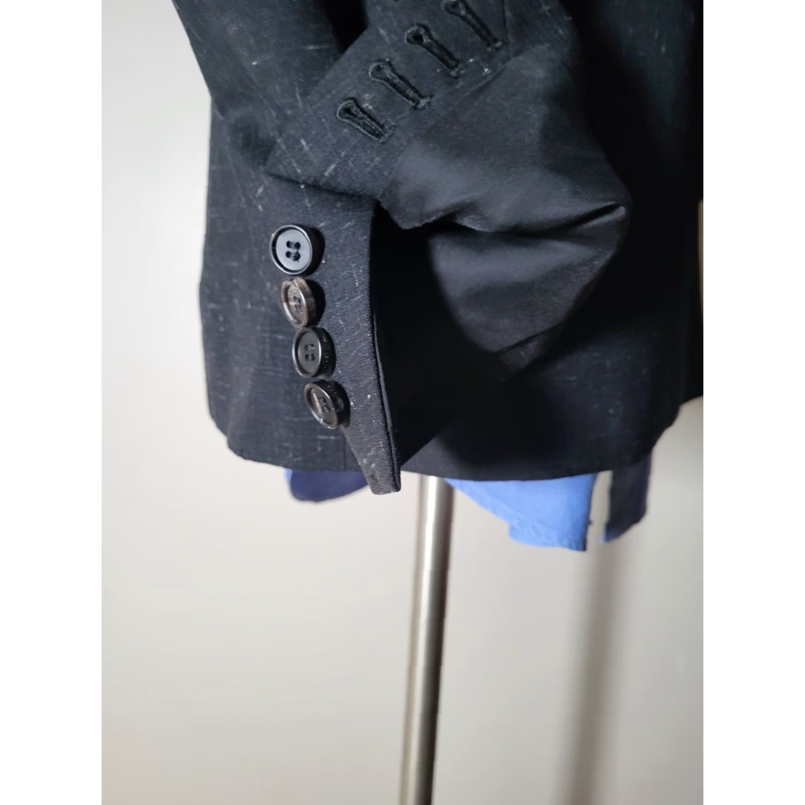 AllSaints 36R Double Breasted Blazer Jacket Coat Men Slim Wool Mohair Black Fleck Slub Peak Lapel Four-Button 360