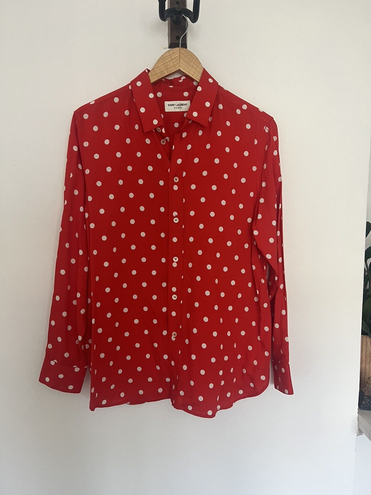 image of Saint Laurent Paris Ss16 Red Viscoe Polka Shirt, Men's (Size Small)