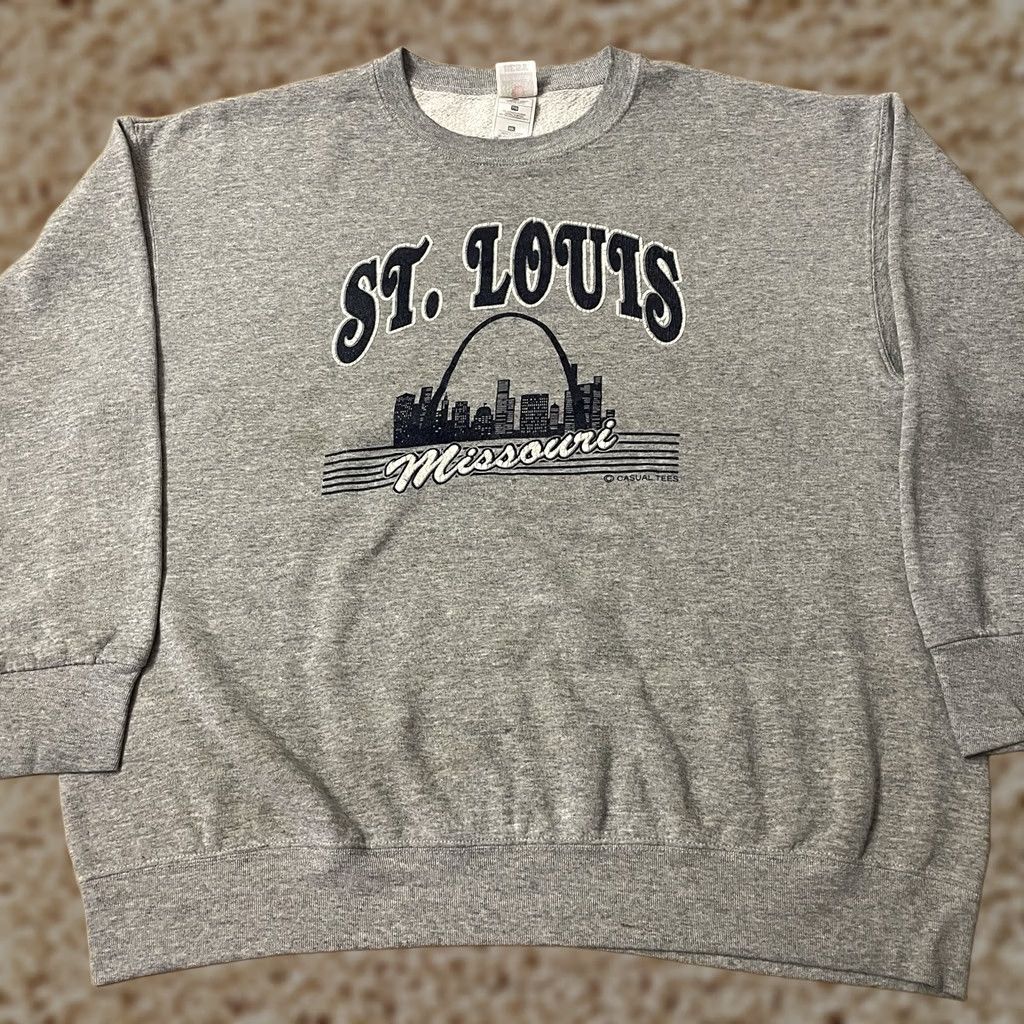 Jerzees VINTAGE Jerzees Sweatshirt Shirt Adult XXL Red 90s USA St Louis Missouri Gateway Arch Neon Y2K Graphic Print Mens Size US L / EU 52-54 / 3 - 1 Thumbnail