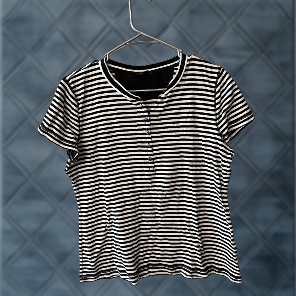 Chaps Chaps T-Shirt Womens Henley Striped Black Short Sleeve Size XL Y2K Preppy Size XL / US 12-14 / IT 48-50 - 1 Thumbnail