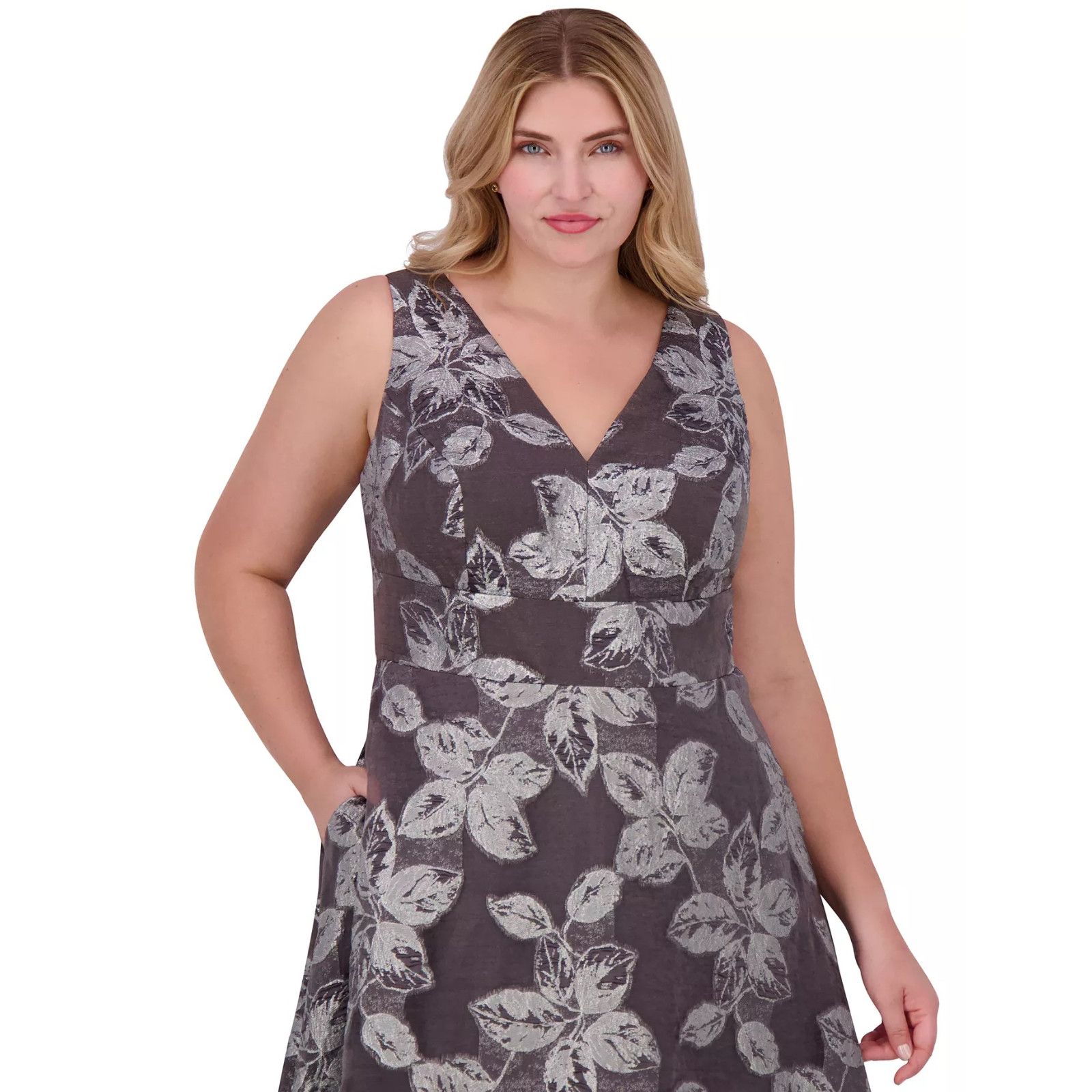 Other Eliza J Women's Silver Metallic-Threaded Floral-Print Gown Size XXL / US 16-18 / IT 52-54 - 3 Thumbnail