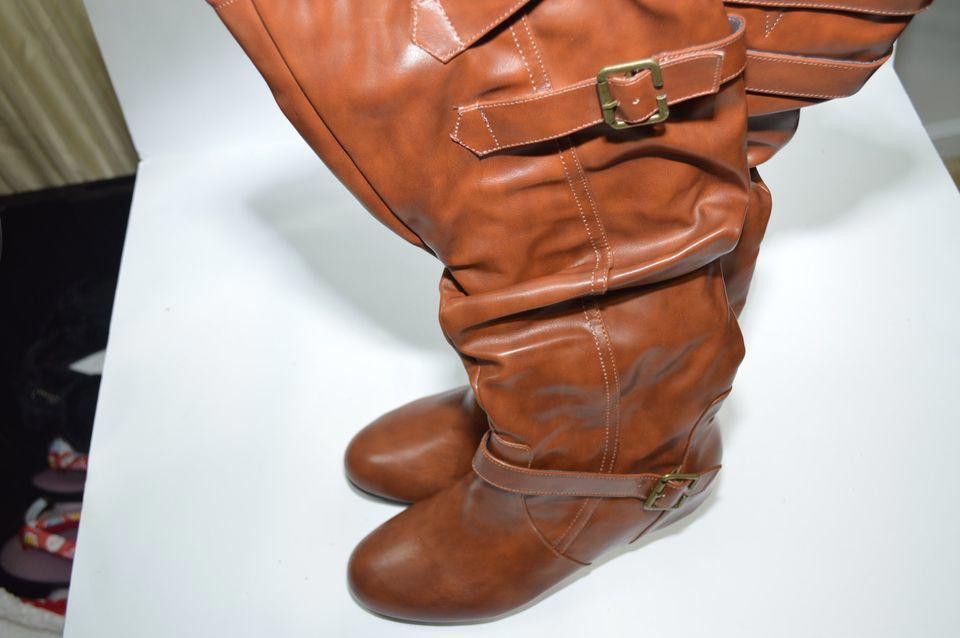 Designer Brown Faux Leather Mid-Calf Boots with Buckle Accents, 8 Size US 8 / IT 38 - 9 Thumbnail