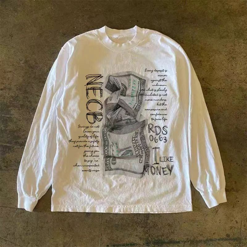 Vintage White casual retro dollar print long-sleeved t-shirt Size US M / EU 48-50 / 2 - 1 Thumbnail