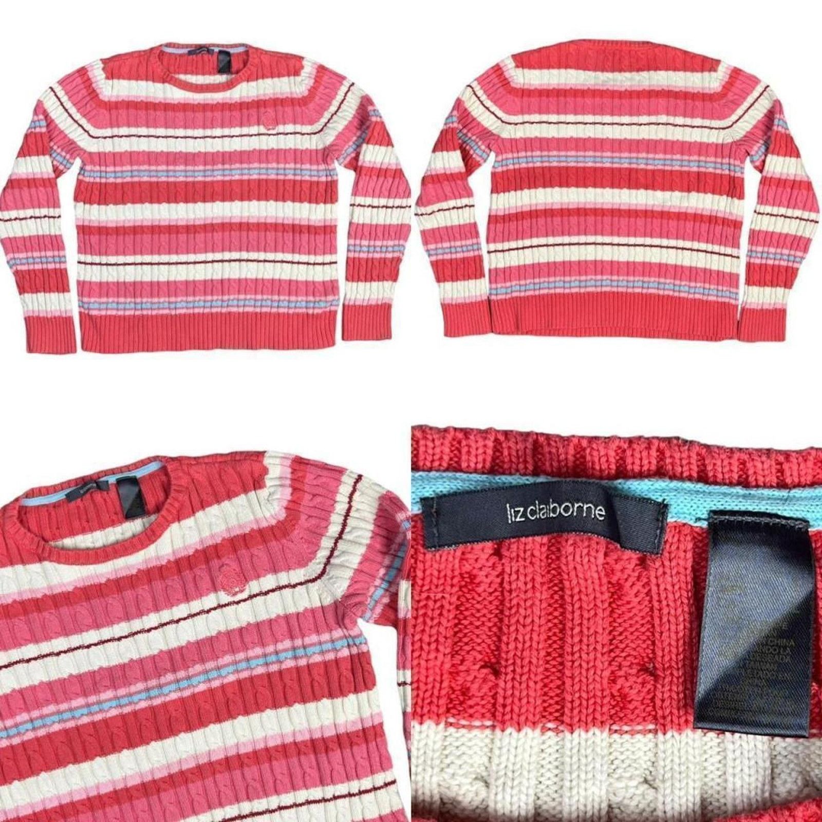 Vintage Y2k Liz Claiborne Striped Sweater Pink White Cable Knit Size L / US 10 / IT 46 - 5 Thumbnail