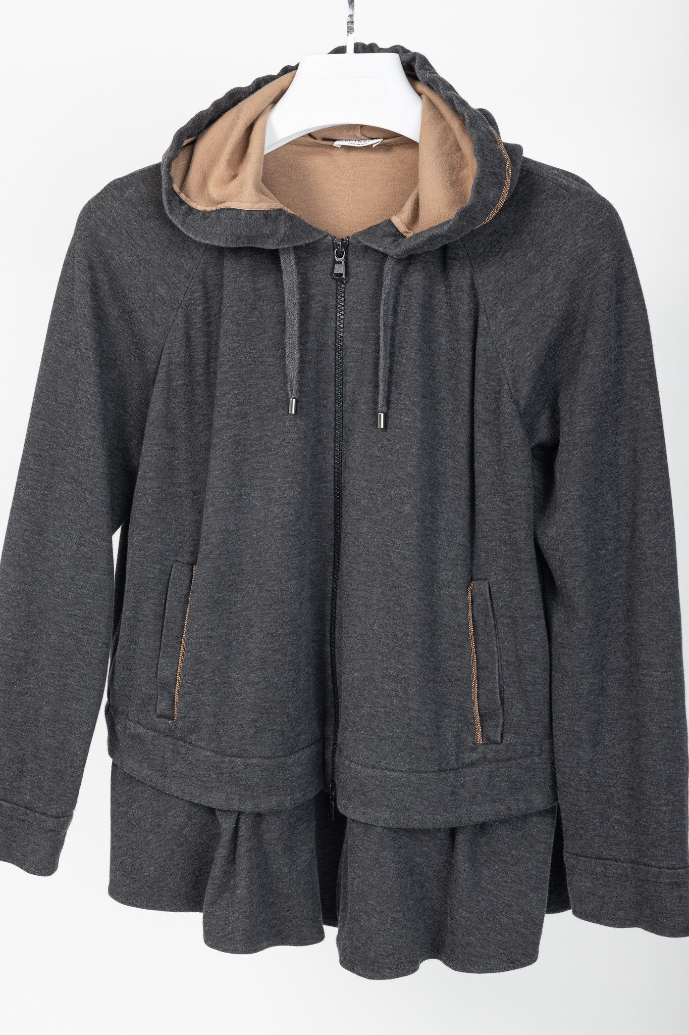 Brunello Cucinelli Brunello Cucinelli Grey Cotton-Jersey Monili Peplum Hoodie Size L / US 10 / IT 46 - 3 Thumbnail