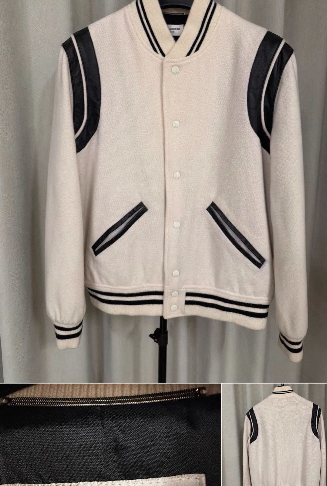 Saint Laurent Paris Saint Laurent Paris 22FW Ivory White Wool Varsity Jacket Size US L / EU 52-54 / 3 - 2 Thumbnail