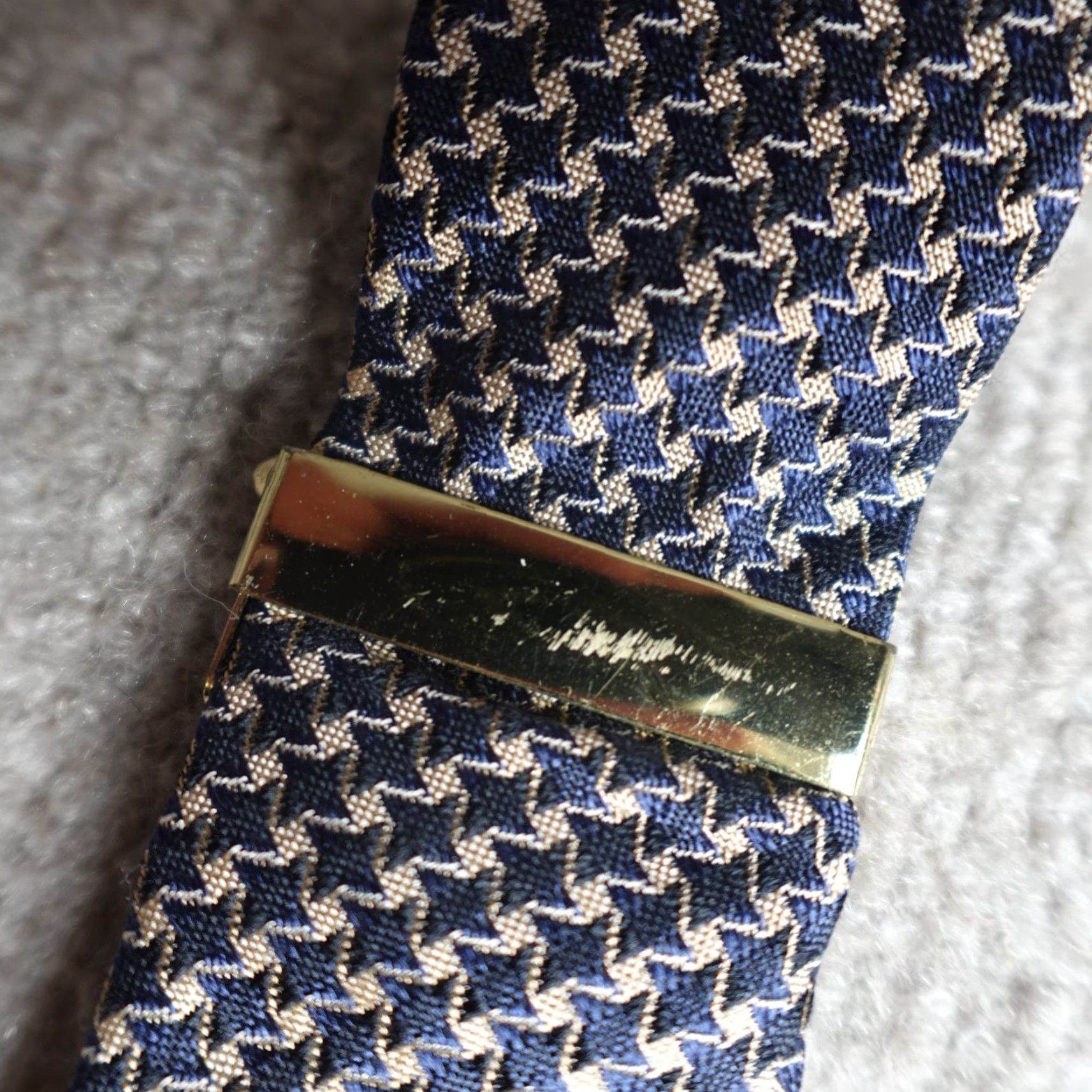 Vintage Trafalgar Suspender Blue Geometric Woven Brass Clasp Leather Loops Silk One Size Men Size ONE SIZE - 5 Thumbnail