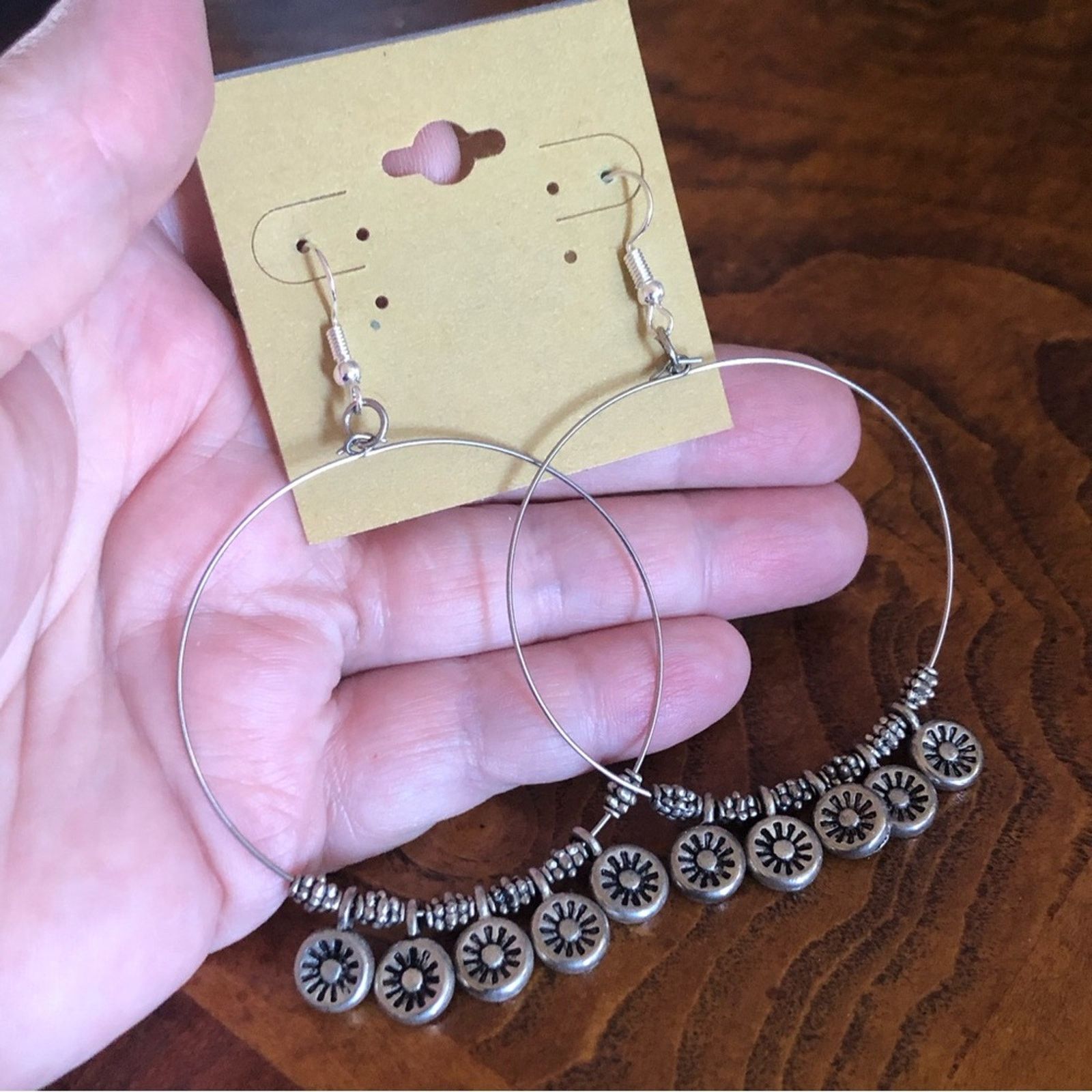 Handmade Handcrafted silver wire beaded large earrings Size ONE SIZE - 3 Thumbnail