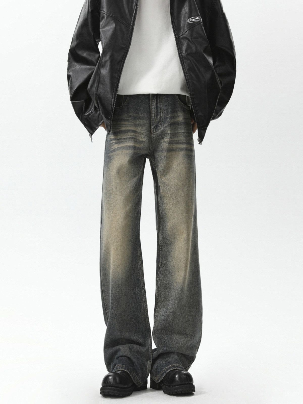 Men's vintage washed distressed loose straight leg jeans