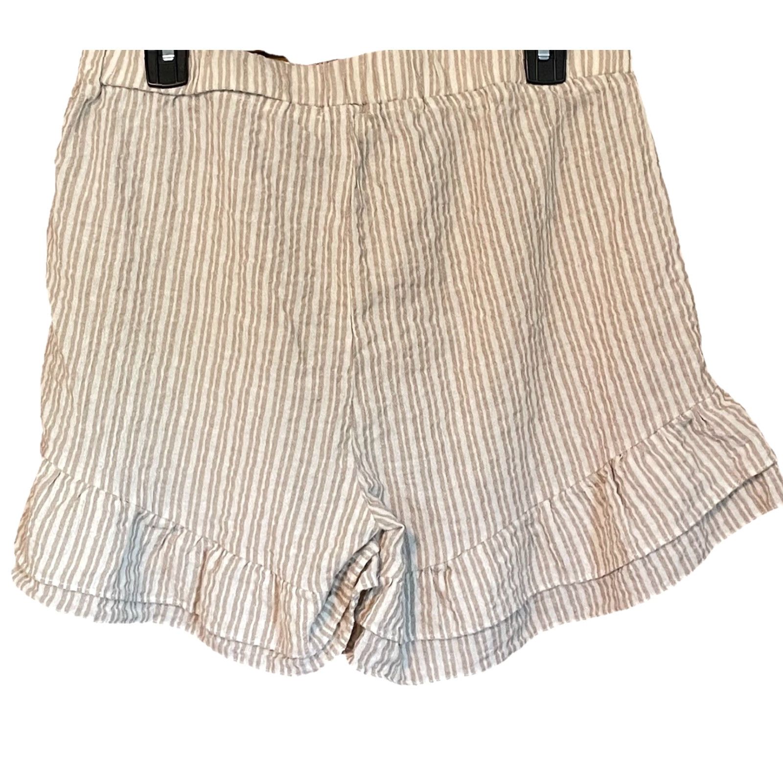 Vintage UMGEE Breezy Linen Blend Elastic Waist Shorts L Cream Beige Striped Ruffle Hem Mom Fit Women Casual Summer 3.5in Inseam Age Regular Size 36" / US 14 / IT 50 - 2 Thumbnail