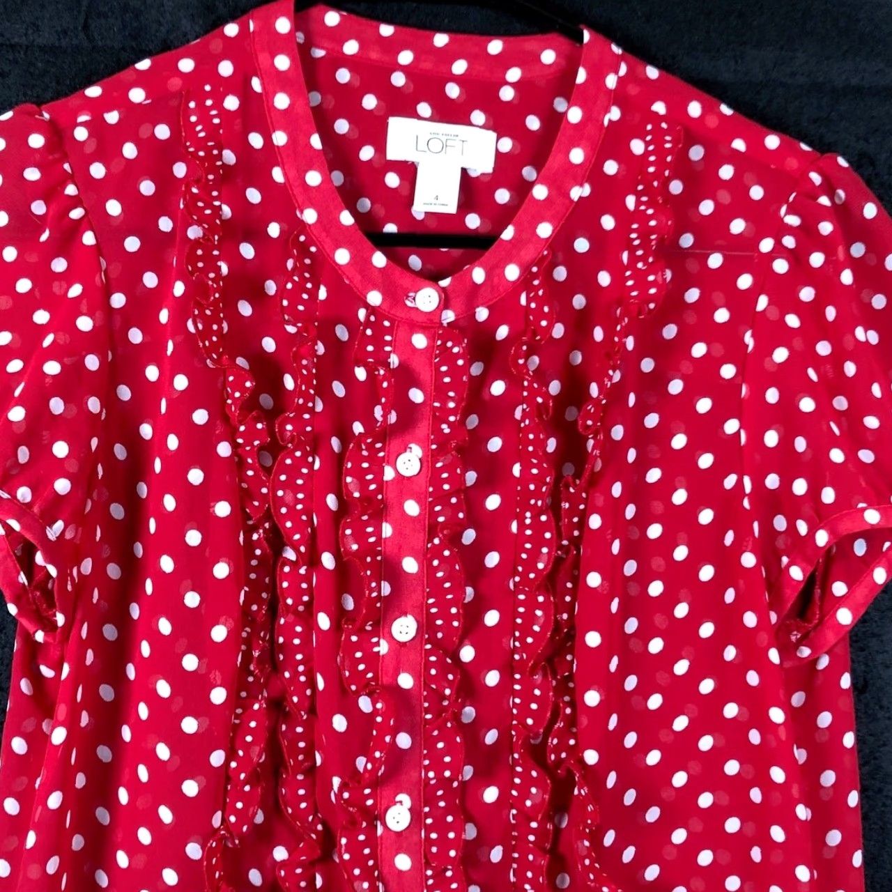 Loft Ann Taylor Loft Blouse Womens Red White Dotted Short Sleeve Sheer Button Down 4 Size S / US 4 / IT 40 - 2 Thumbnail