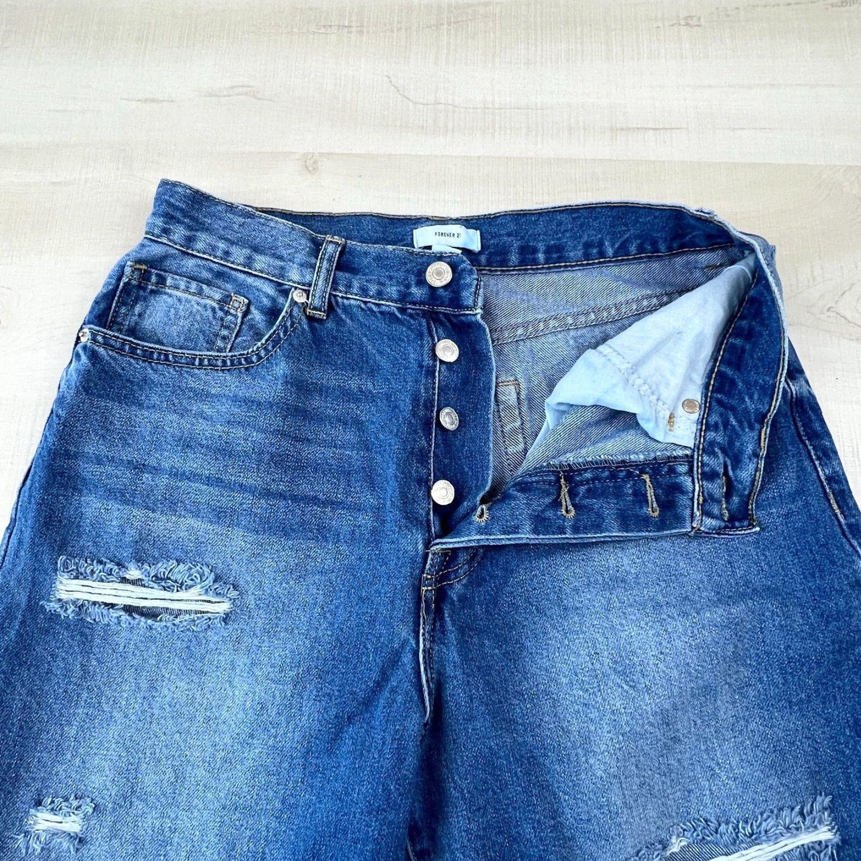 Forever 21 Forever 21 Women's Boyfriend Jeans, Size 29, Distressed Ripped Frayed Blue Cotton Blend Size 29" - 3 Thumbnail