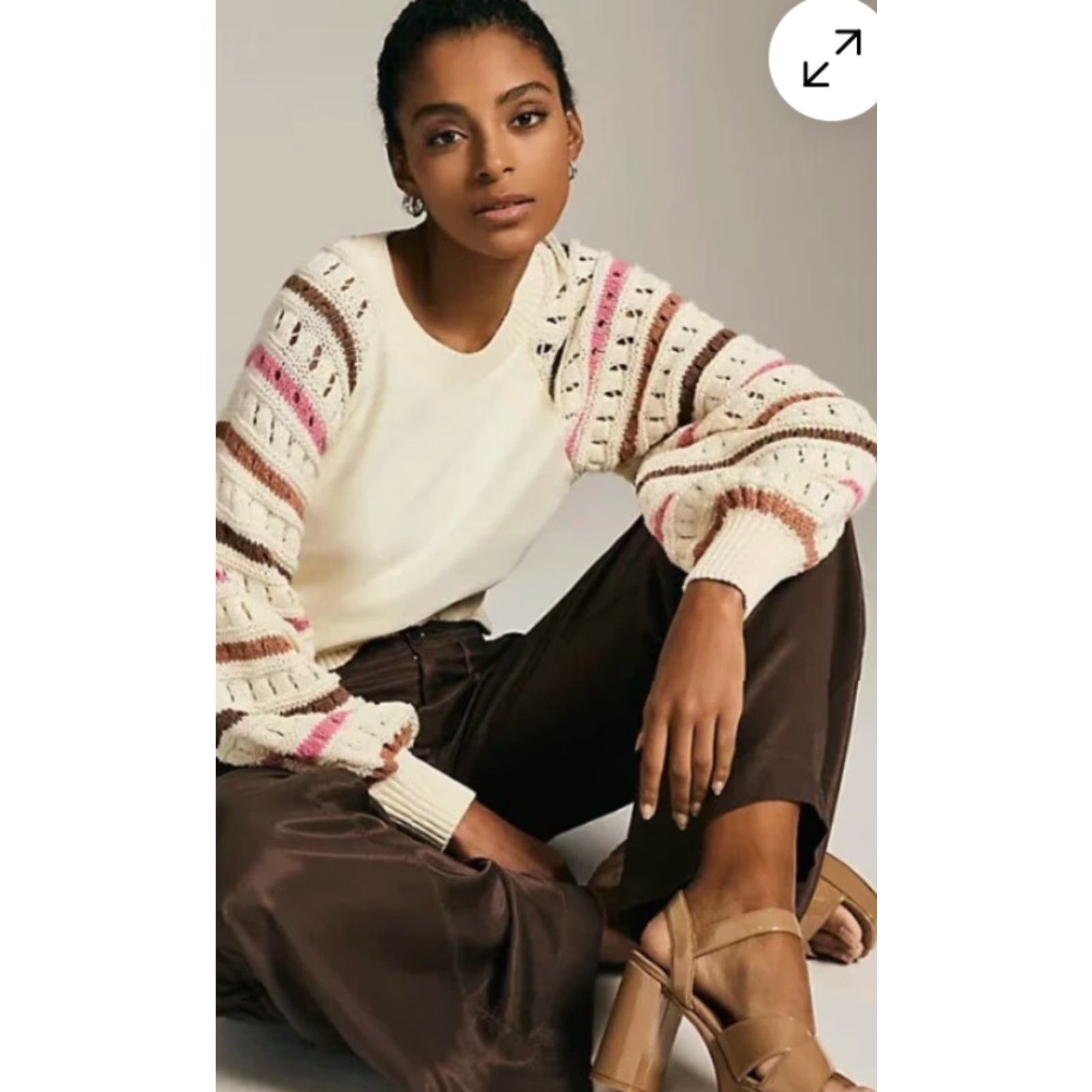 Anthropologie Dolan Sweater Womens Small Ivory Pointelle Knit Striped Left Coast Anthropologie Size S / US 4 / IT 40 - 2 Thumbnail