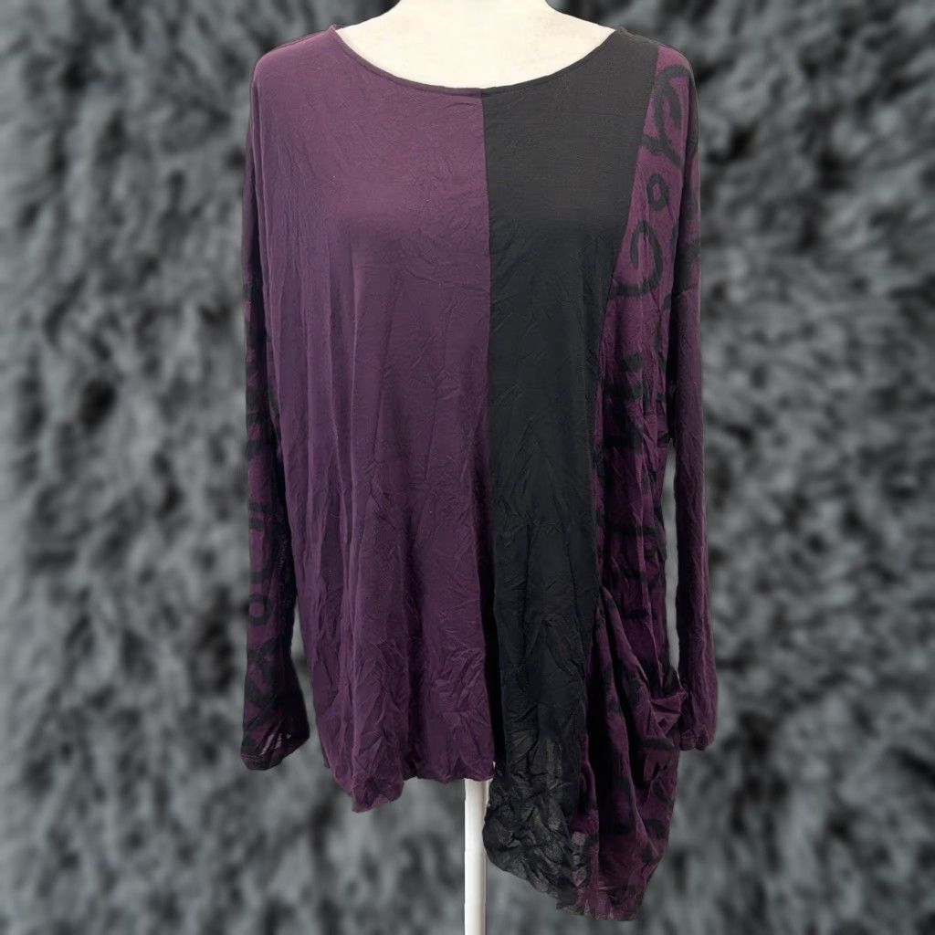 Vintage Chalet Et Ceci Women's Bamboo Blend Tunic Top Shirt Large Black Purple Long Sleeve Size L / US 10 / IT 46 - 1 Thumbnail