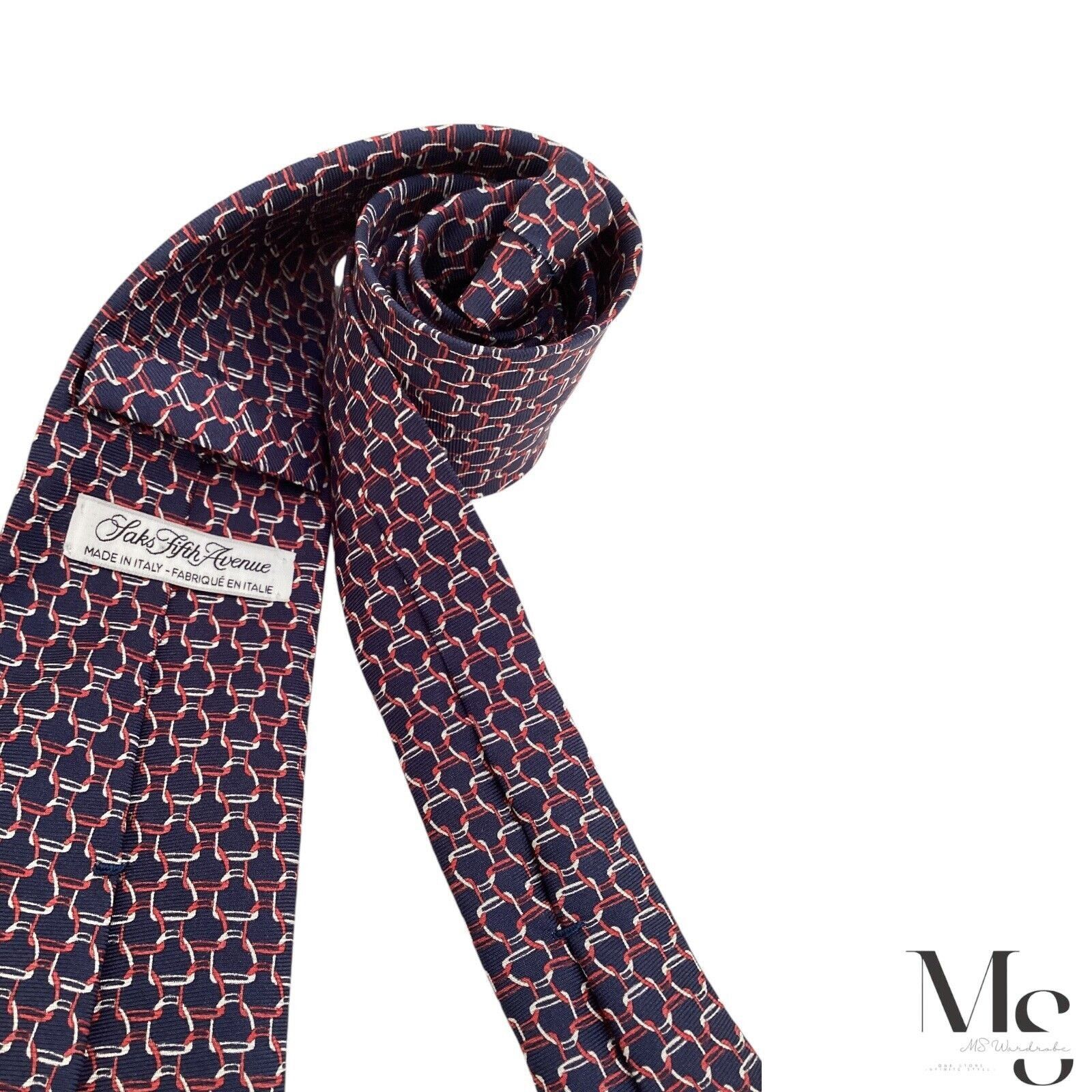 Saks Fifth Avenue SAKS FIFTH AVENUE XL Blue Stirrups Print Silk Tie Italy Size ONE SIZE - 3 Thumbnail