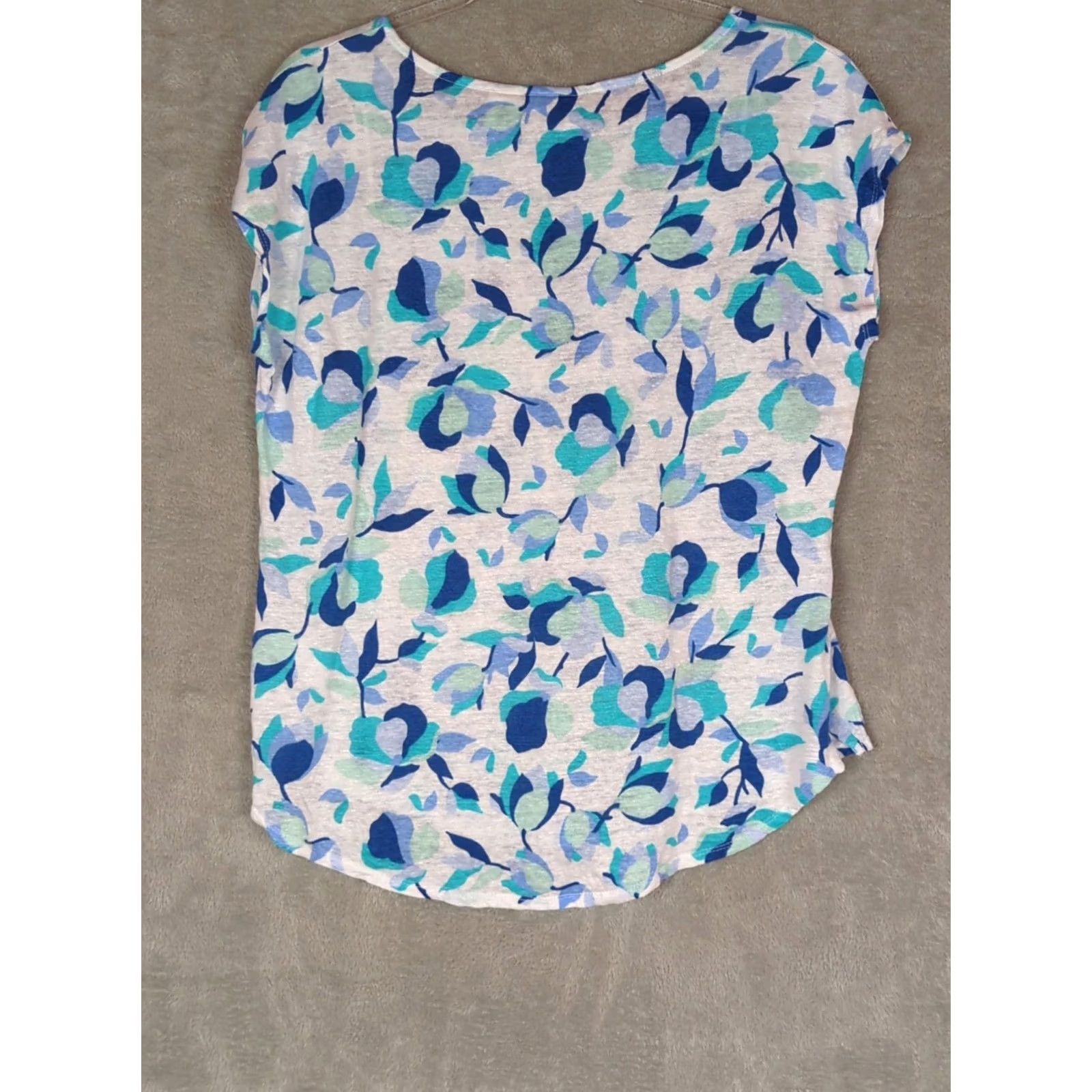 Rachel Zoe RACHEL ZOE Womens L Tee Shirt Top 100% Linen Blue Floral Round Neck Casual Cap Sleeve Short Sleeve NWT Size L / US 10 / IT 46 - 6 Thumbnail