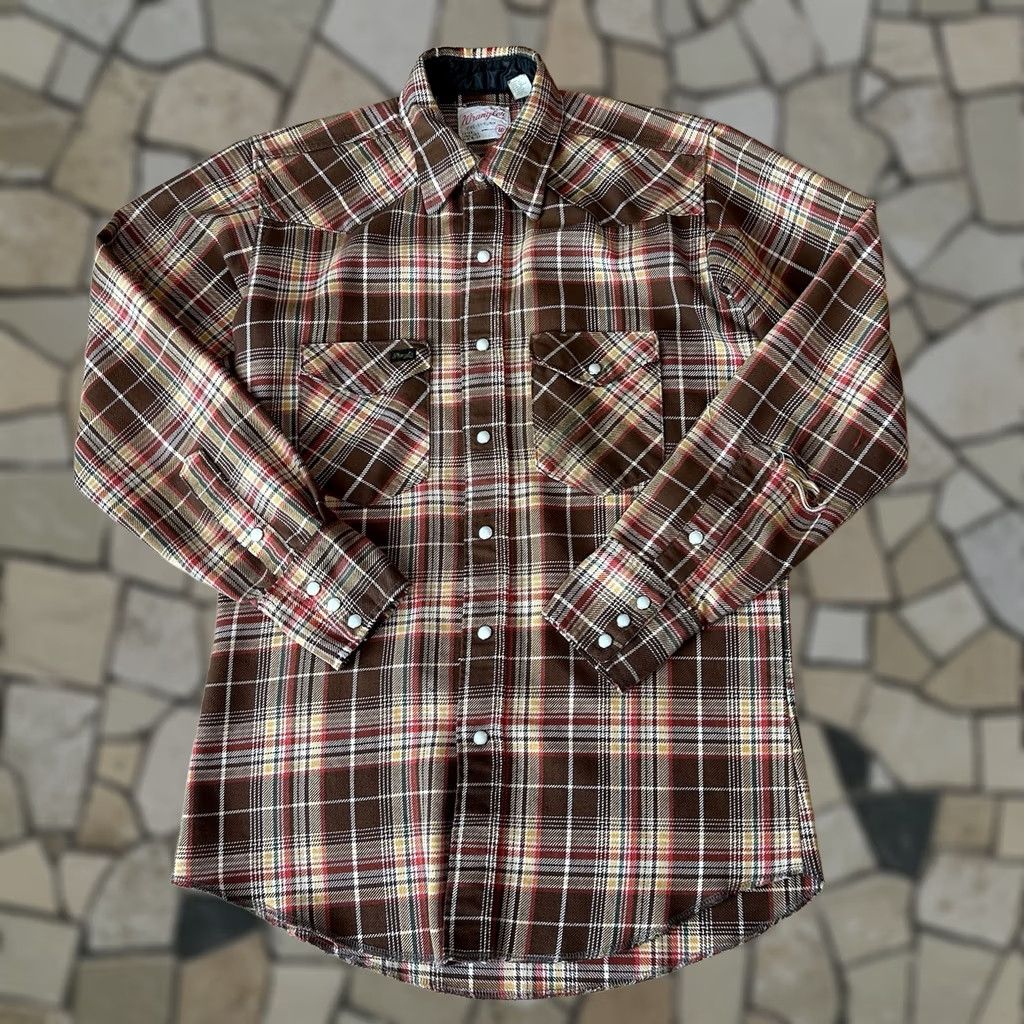 Wrangler VINTAGE Wrangler Shirt Men 15x33 Pearl Snap Plaid Flannel Distressed Button-Up Western Cowboy 60s 70s Hipster USA Shacket Regular Mens Size US M / EU 48-50 / 2 - 1 Thumbnail