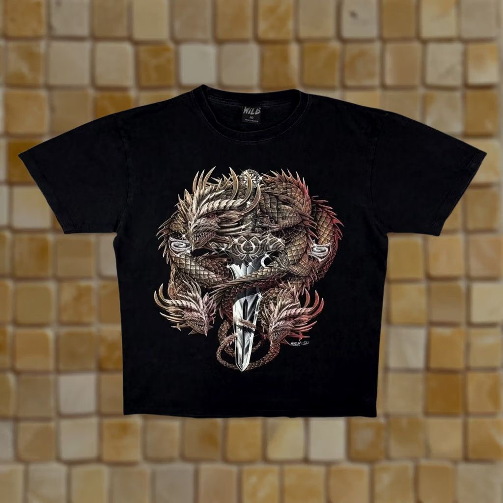 Vintage Wild Dragon Sword Graphic Black Cotton T-Shirt XL Mens Early 00s Goth Fantasy Graphic Print Short Sleeve Shirt Size US XL / EU 56 / 4 - 1 Thumbnail