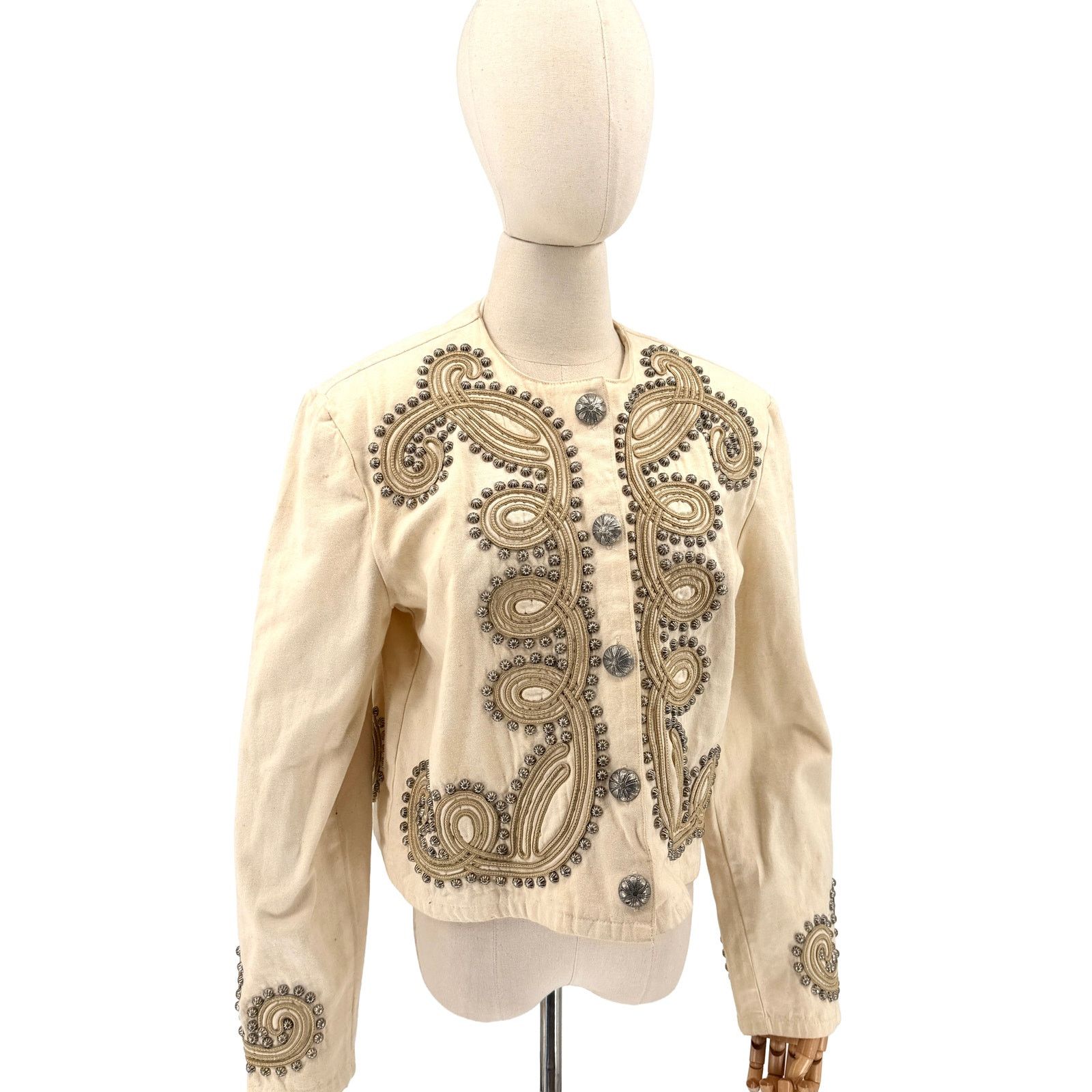 Double D Ranch Vintage 90s Cream 100% Cotton Studded Western Cropped Jacket Size M / US 6-8 / IT 42-44 - 1 Thumbnail