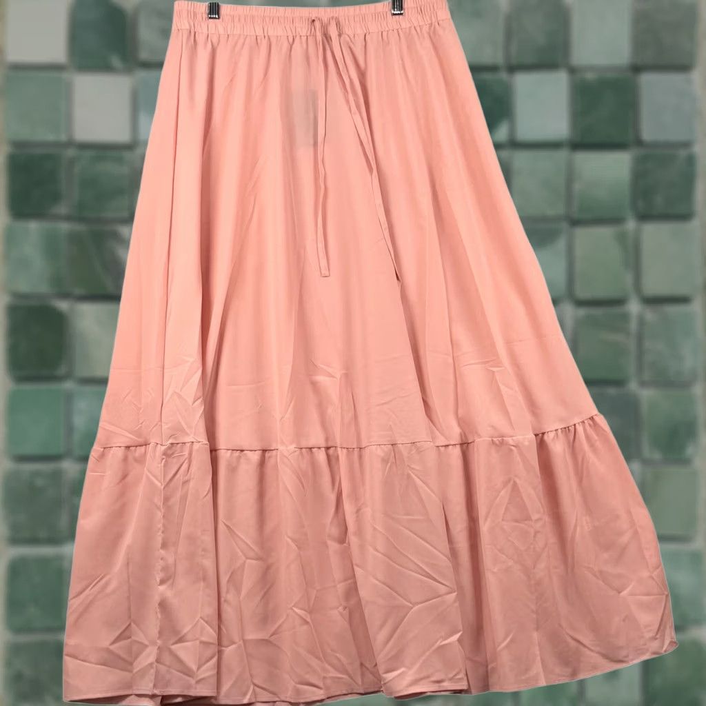 Vintage VINTAGE? No. Dreamy Pastel Peach Boho Tiered Maxi Skirt Elastic Waist High Waisted XL Cottage Size 40" / US 18 - 1 Thumbnail