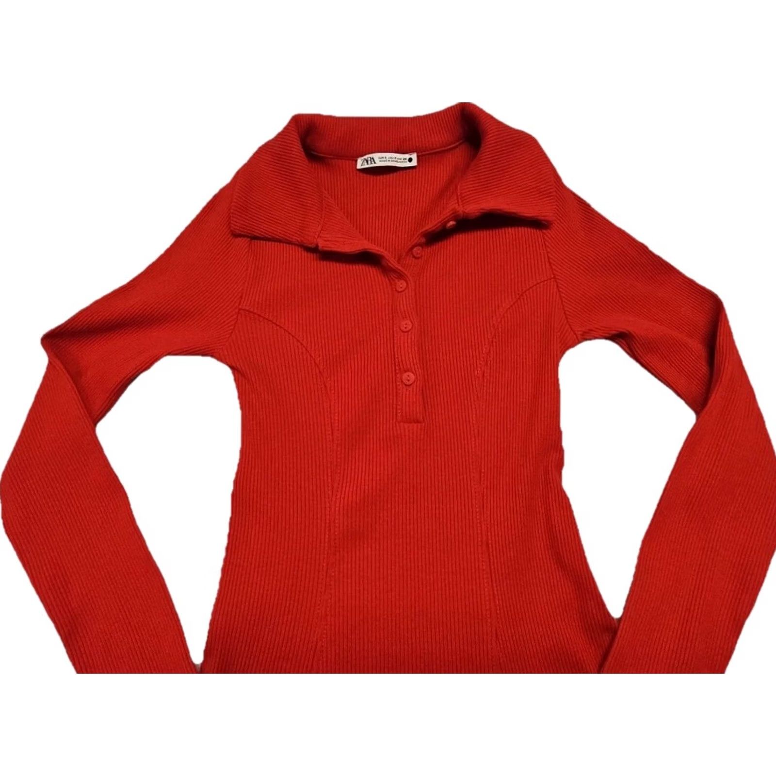 Zara Zara Dress Red Ribbed Knit Small Collared Henley Long Sleeve Fit & Flare Mini Women XS? Size S / US 4 / IT 40 - 3 Thumbnail